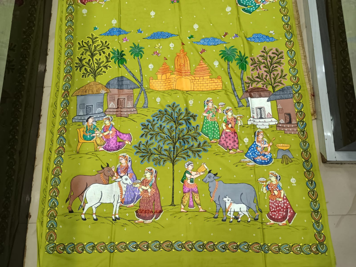 Neon Green Raksha Bandhan Theme Khadi Silk Hand-Painted Pattachitra Saree | Traditional Odisha Art | Bigrayn Handloom