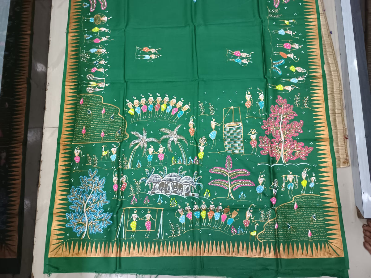 Green Tribal Family Theme Khadi Silk Hand-Painted Pattachitra Saree | Traditional Odisha Art | Bigrayn Handloom