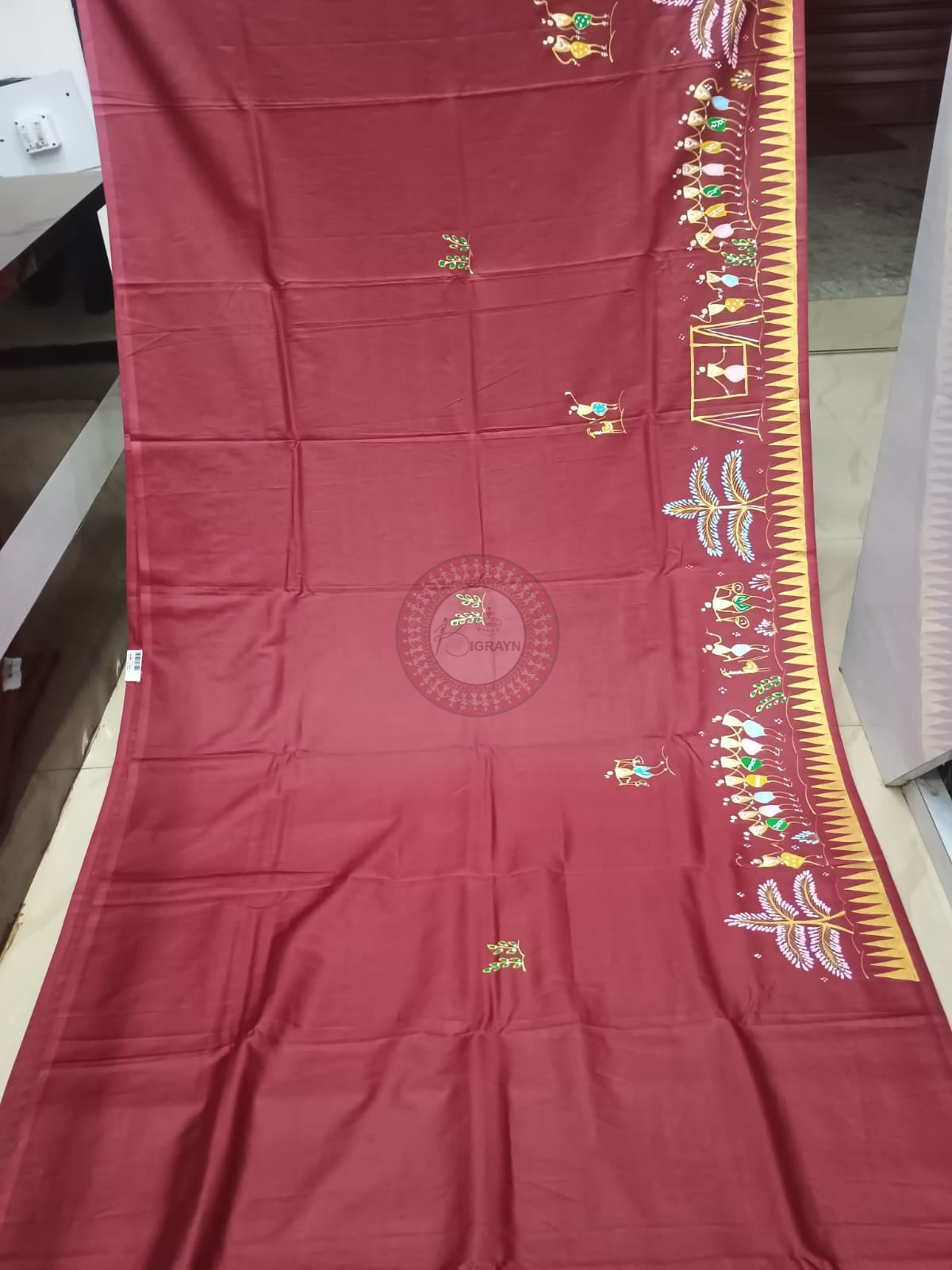 Maroon Tribal Family Theme Khadi Silk Hand-Painted Pattachitra Saree | Traditional Odisha Art | Bigrayn Handloom