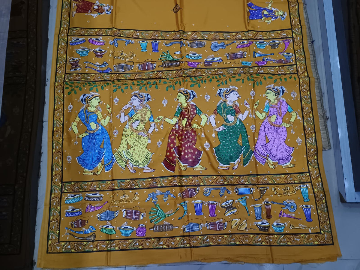 Mustard Yellow Dancer And Musical Instrument Theme Khadi Silk Hand-Painted Pattachitra Saree | Traditional Odisha Art | Bigrayn Handloom