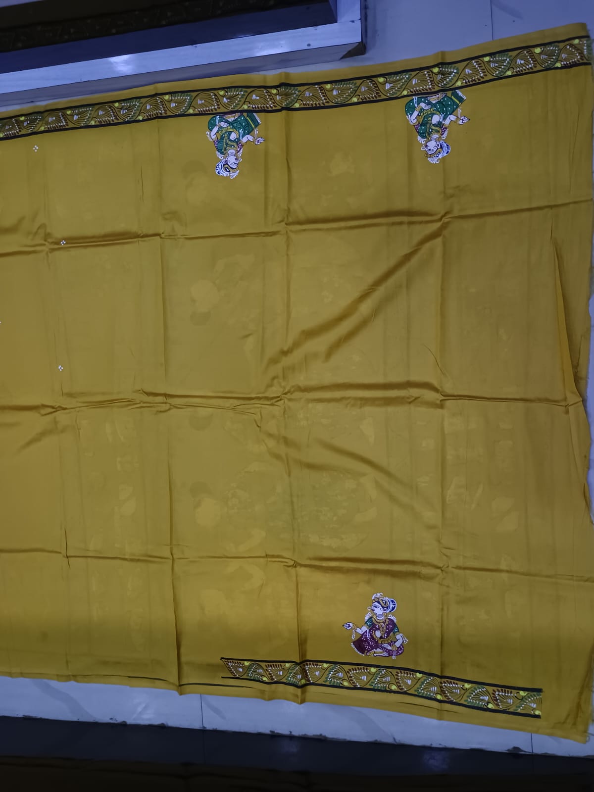 Mustard Yellow Dancer And Musical Instrument Theme Khadi Silk Hand-Painted Pattachitra Saree | Traditional Odisha Art | Bigrayn Handloom