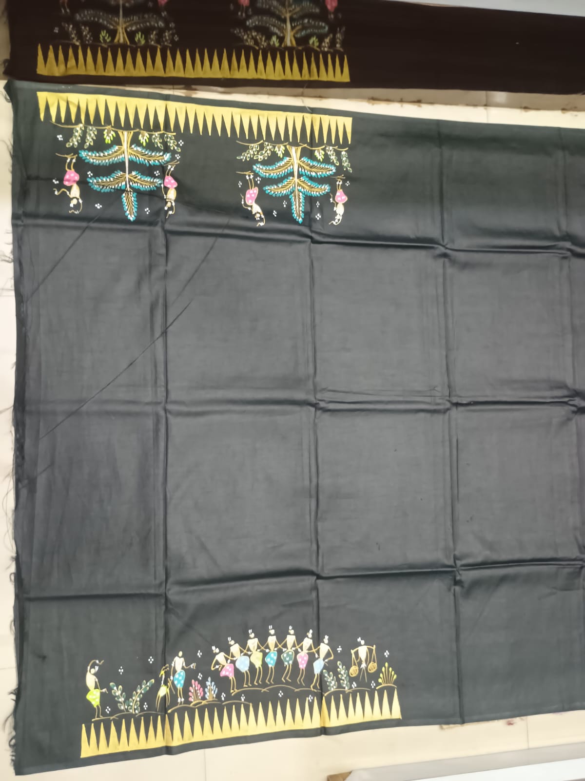 Black Tribal Family Theme Khadi Silk Hand-Painted Pattachitra Saree | Traditional Odisha Art | Bigrayn Handloom
