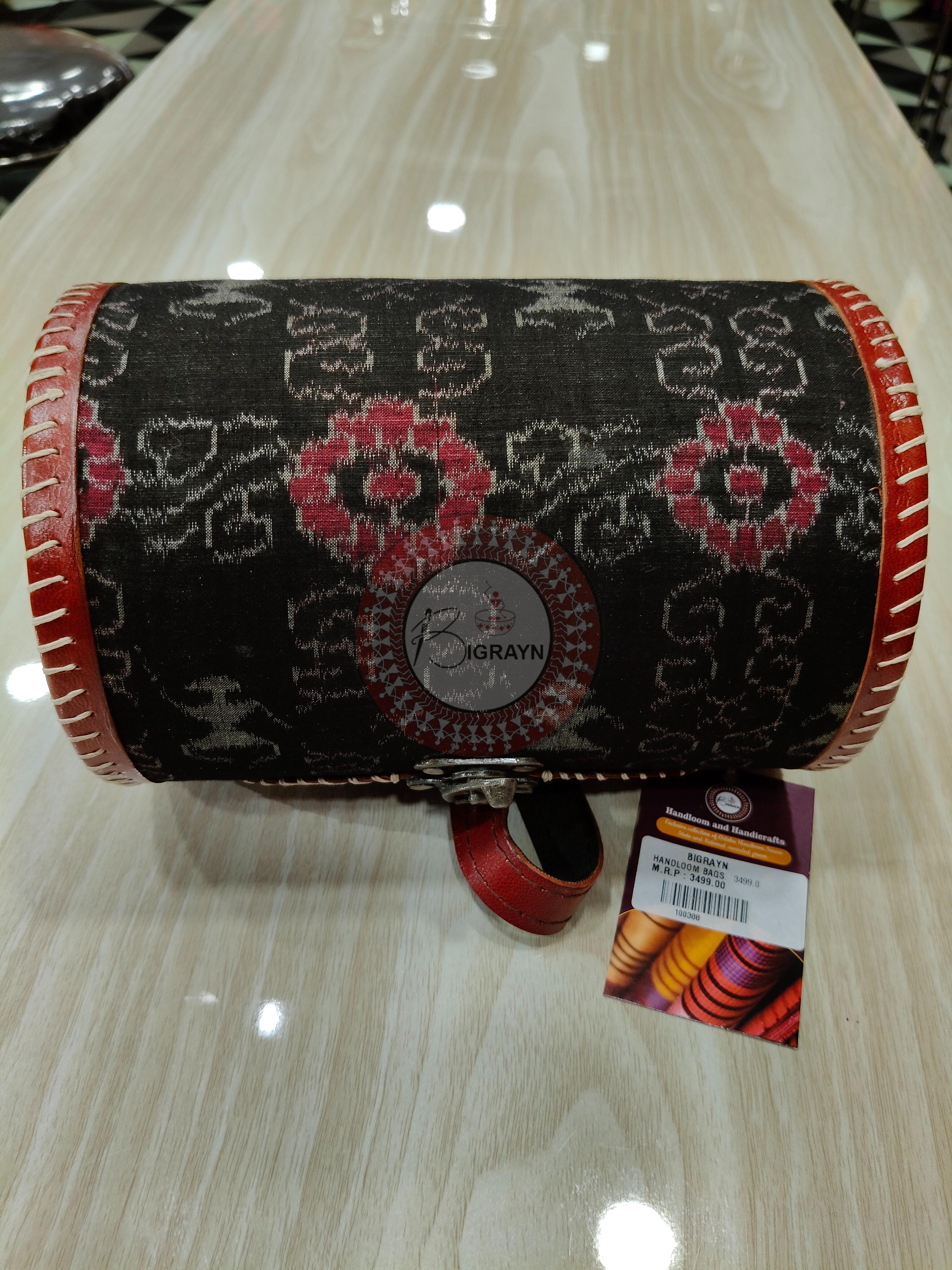 Black Tribal Dholki Round Leather Bags