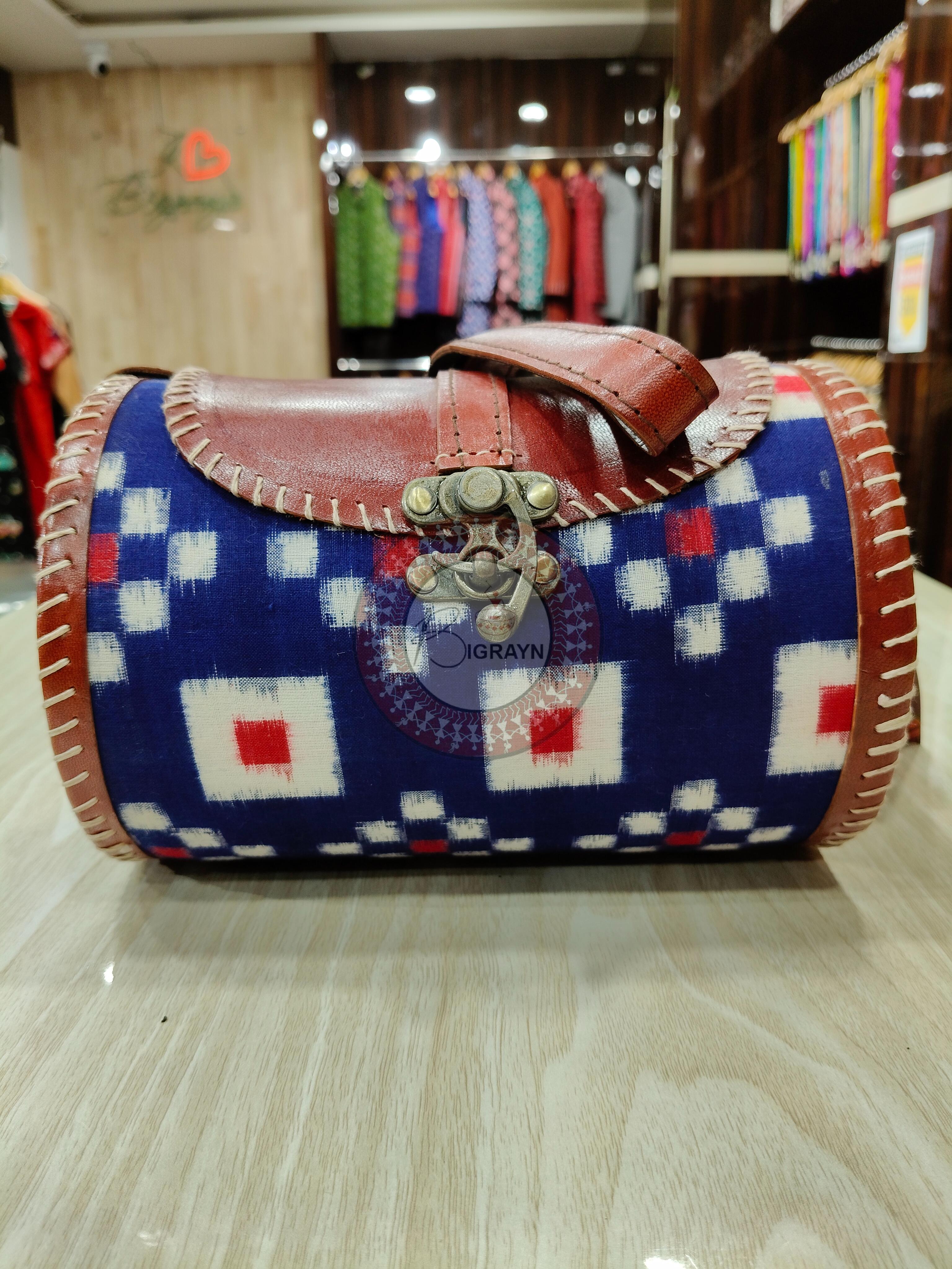 Blue Pasapali Dholki Round Leather Bag