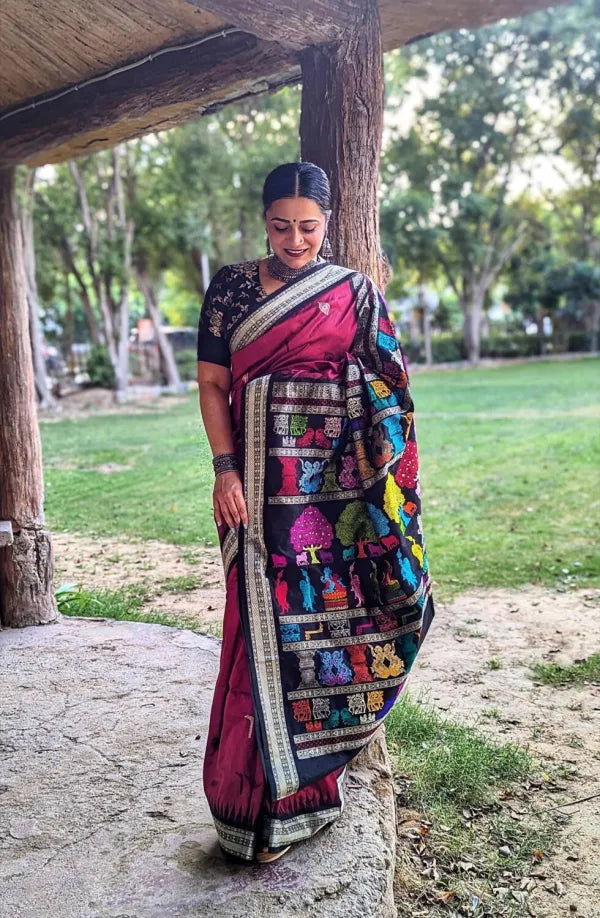 Maroon Black Rasleela Exclusive Sambalpuri Silk Saree