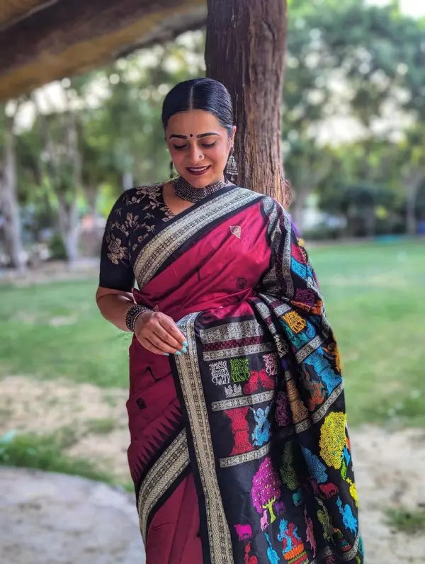 Maroon Black Rasleela Exclusive Sambalpuri Silk Saree