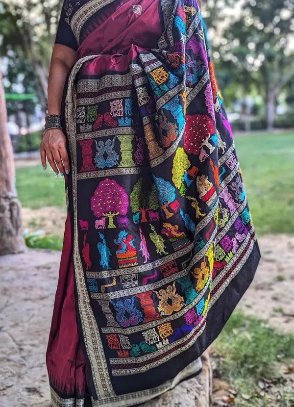 Maroon Black Rasleela Exclusive Sambalpuri Silk Saree
