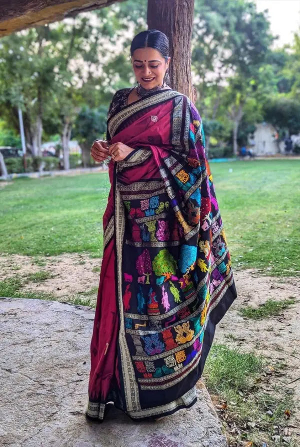 Maroon Black Rasleela Exclusive Sambalpuri Silk Saree