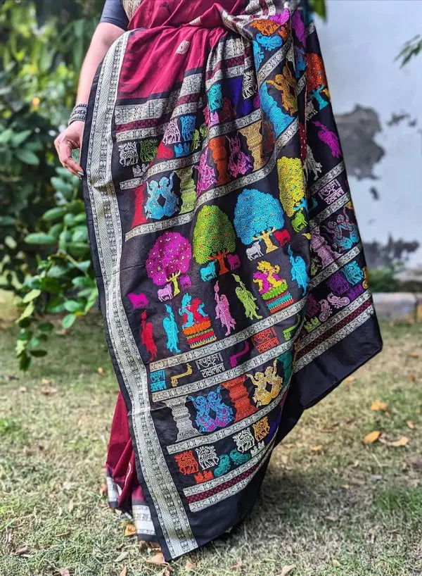 Maroon Black Rasleela Exclusive Sambalpuri Silk Saree