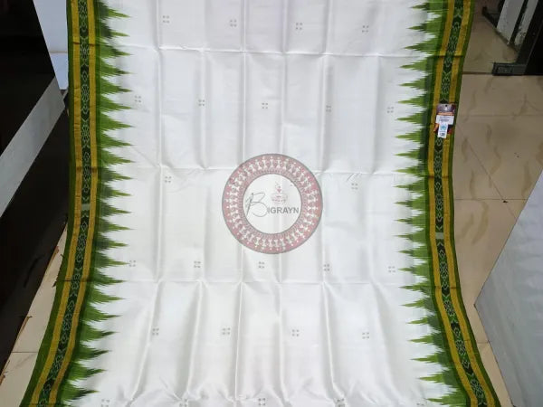 White Mehendi Green Buti Kumbha Khandua Silk Saree