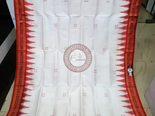 White Red Buti Kumbha Khandua Silk Saree