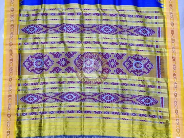 Blue Yellow Buti Kumbha Khandua Silk Saree