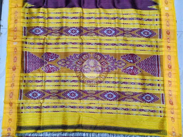 Maroon Yellow Buti Kumbha Khandua Silk Saree