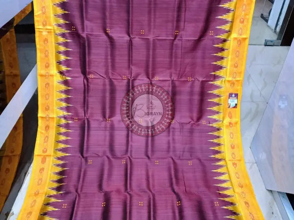 Maroon Yellow Buti Kumbha Khandua Silk Saree
