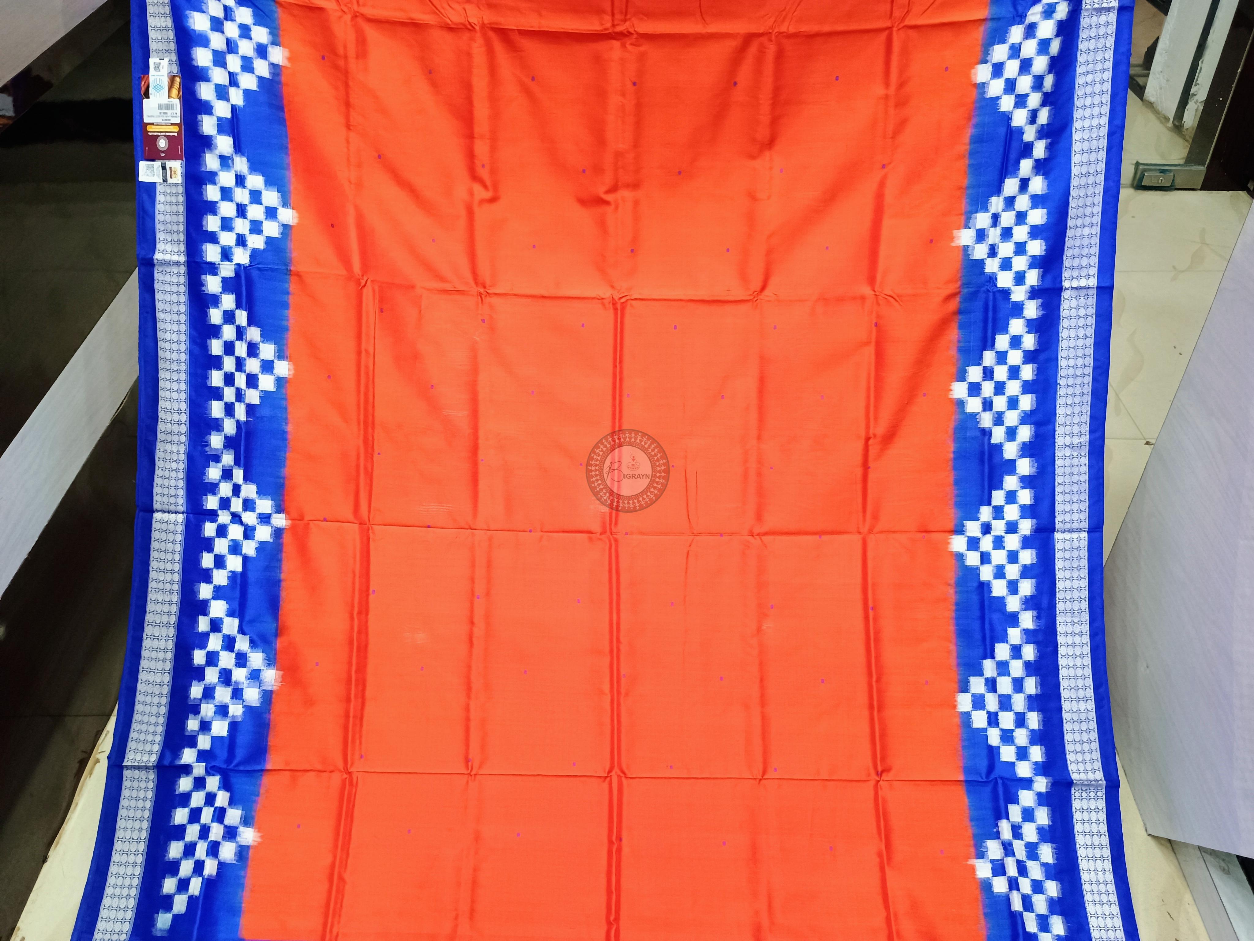 Orangee Blue Scot Pasapali Border Odisha Handloom Bomkai SIlk Saree