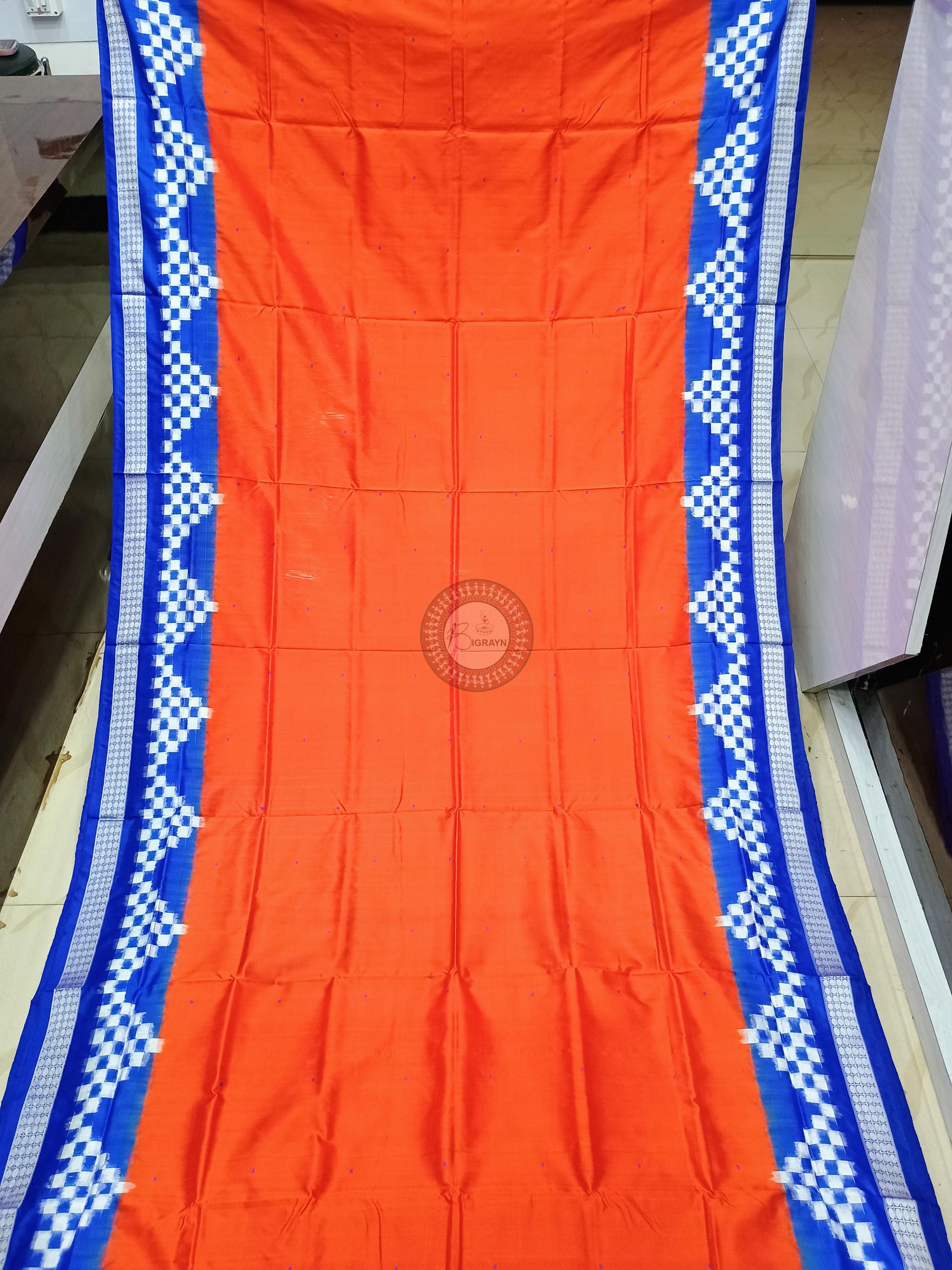 Orangee Blue Scot Pasapali Border Odisha Handloom Bomkai SIlk Saree
