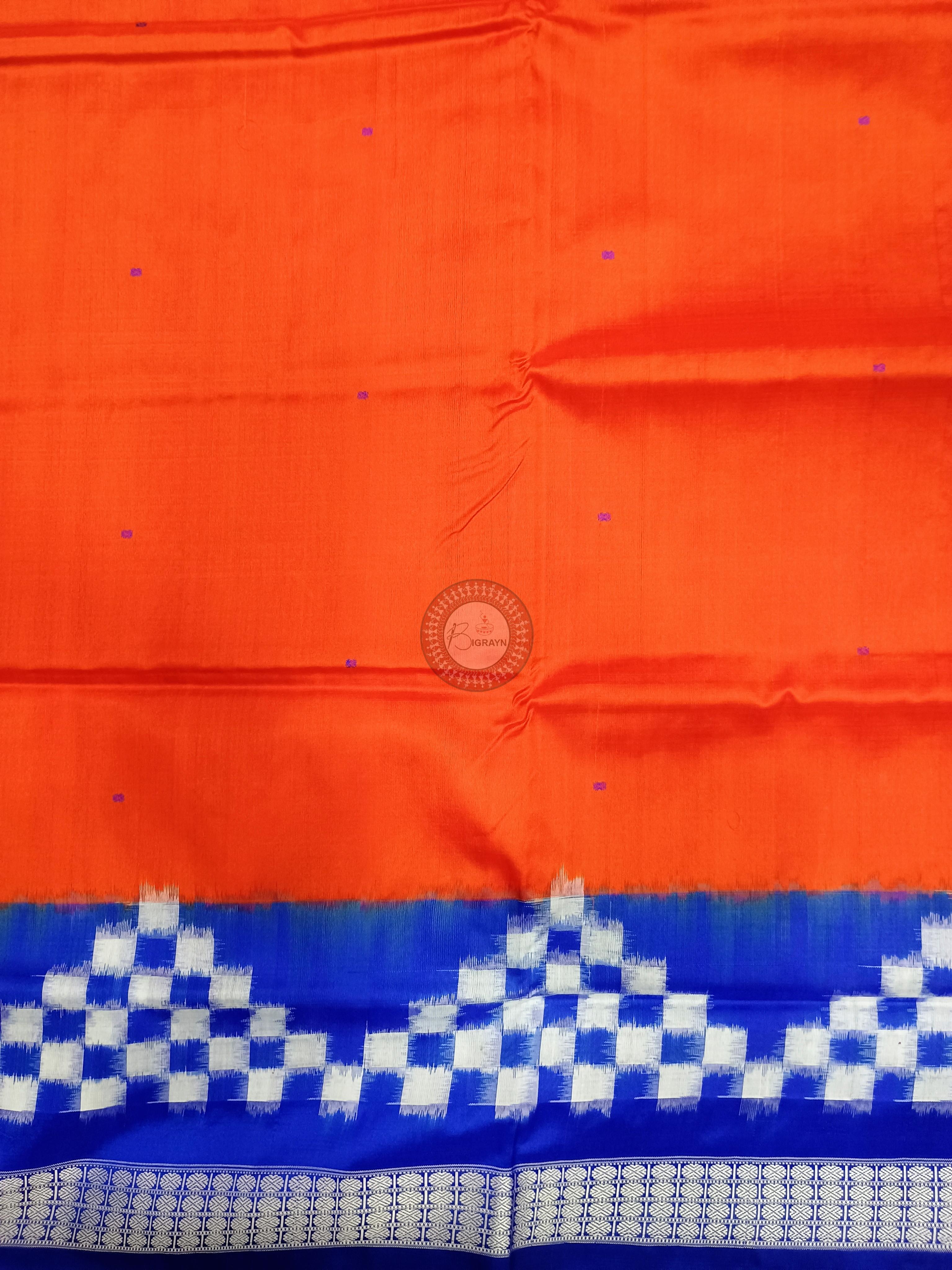 Orangee Blue Scot Pasapali Border Odisha Handloom Bomkai SIlk Saree