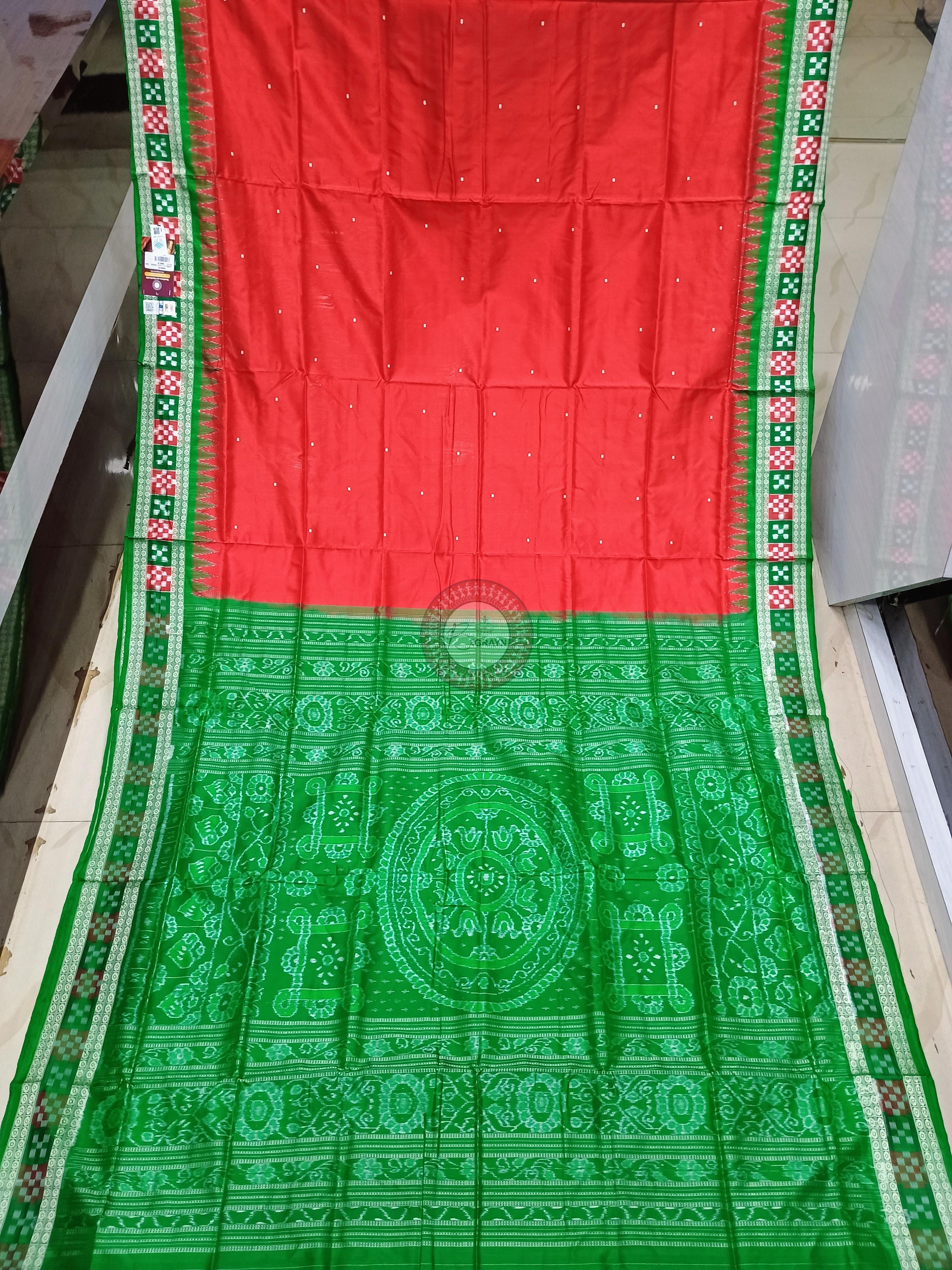Red Green Sakta Border Odisha Handloom Bomkai Silk Saree