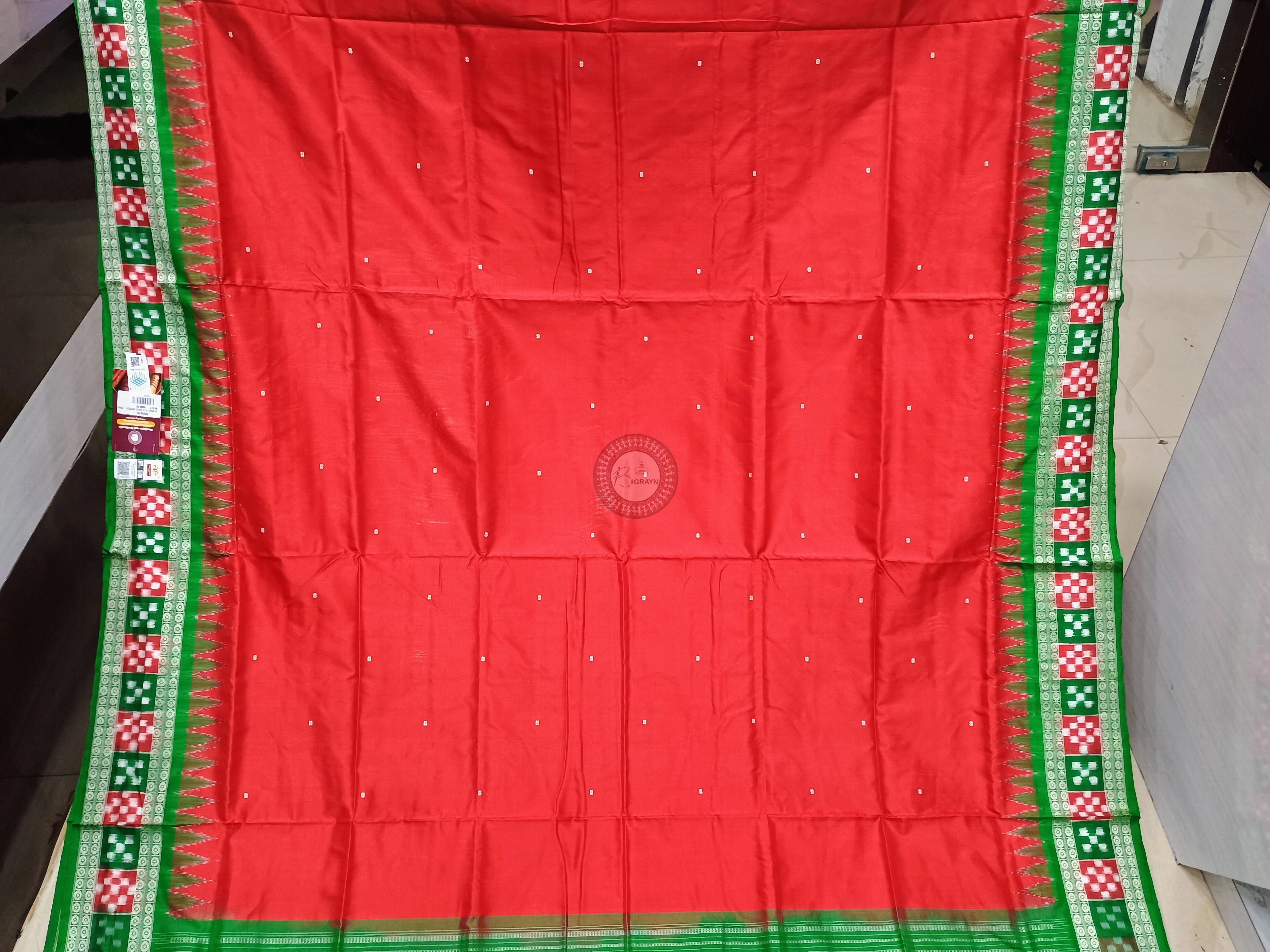 Red Green Sakta Border Odisha Handloom Bomkai Silk Saree
