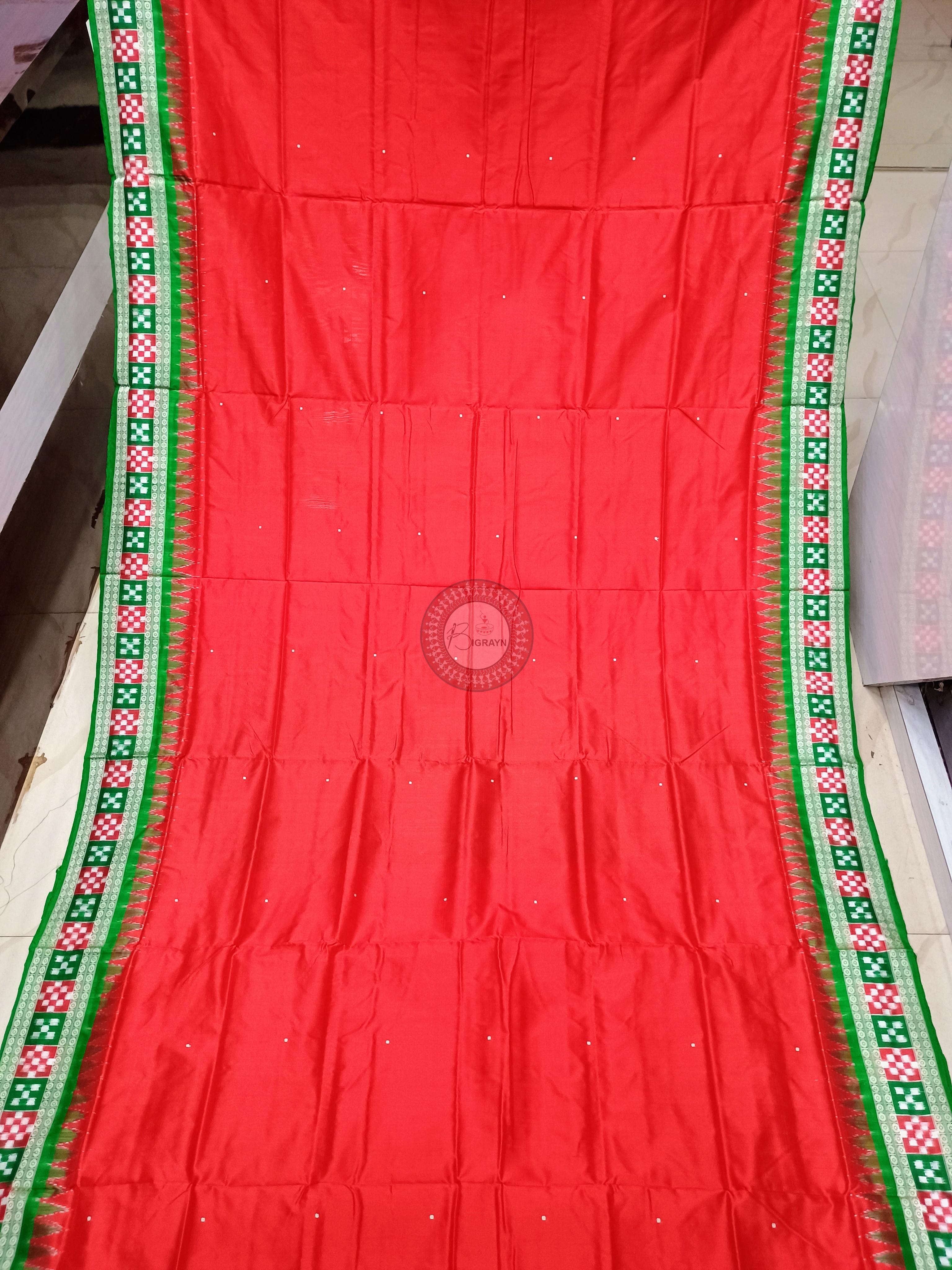 Red Green Sakta Border Odisha Handloom Bomkai Silk Saree