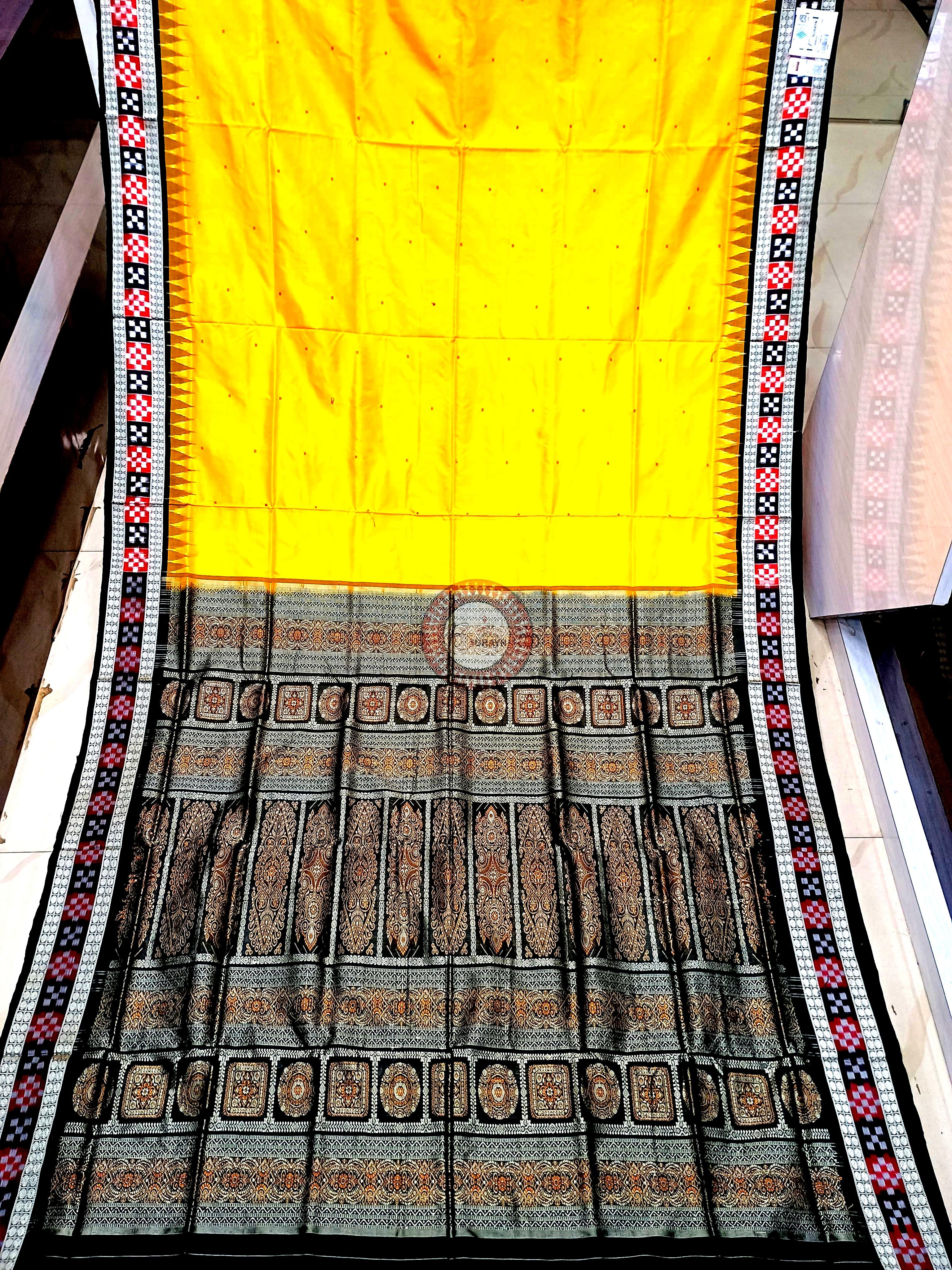 Yellow Black Sakta Border Odisha Handloom Bomkai Silk Saree