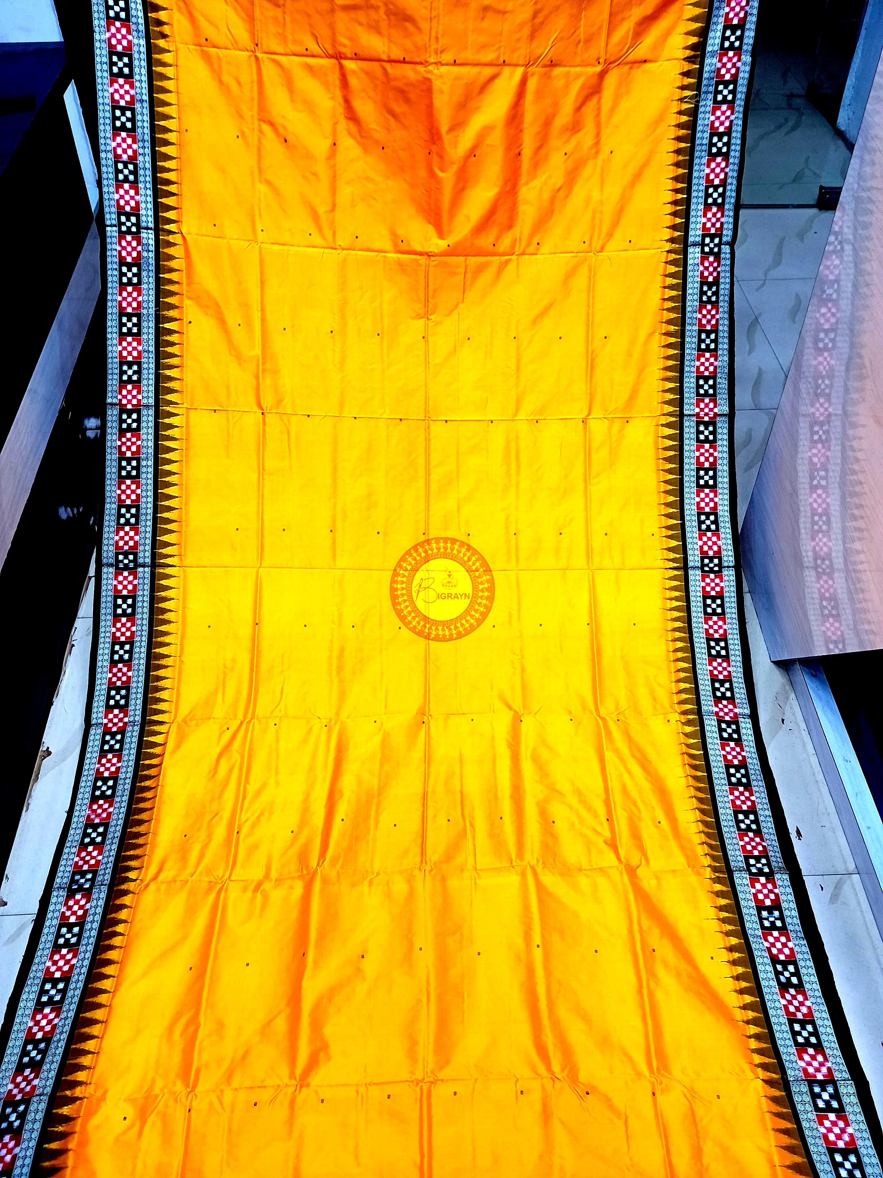 Yellow Black Sakta Border Odisha Handloom Bomkai Silk Saree