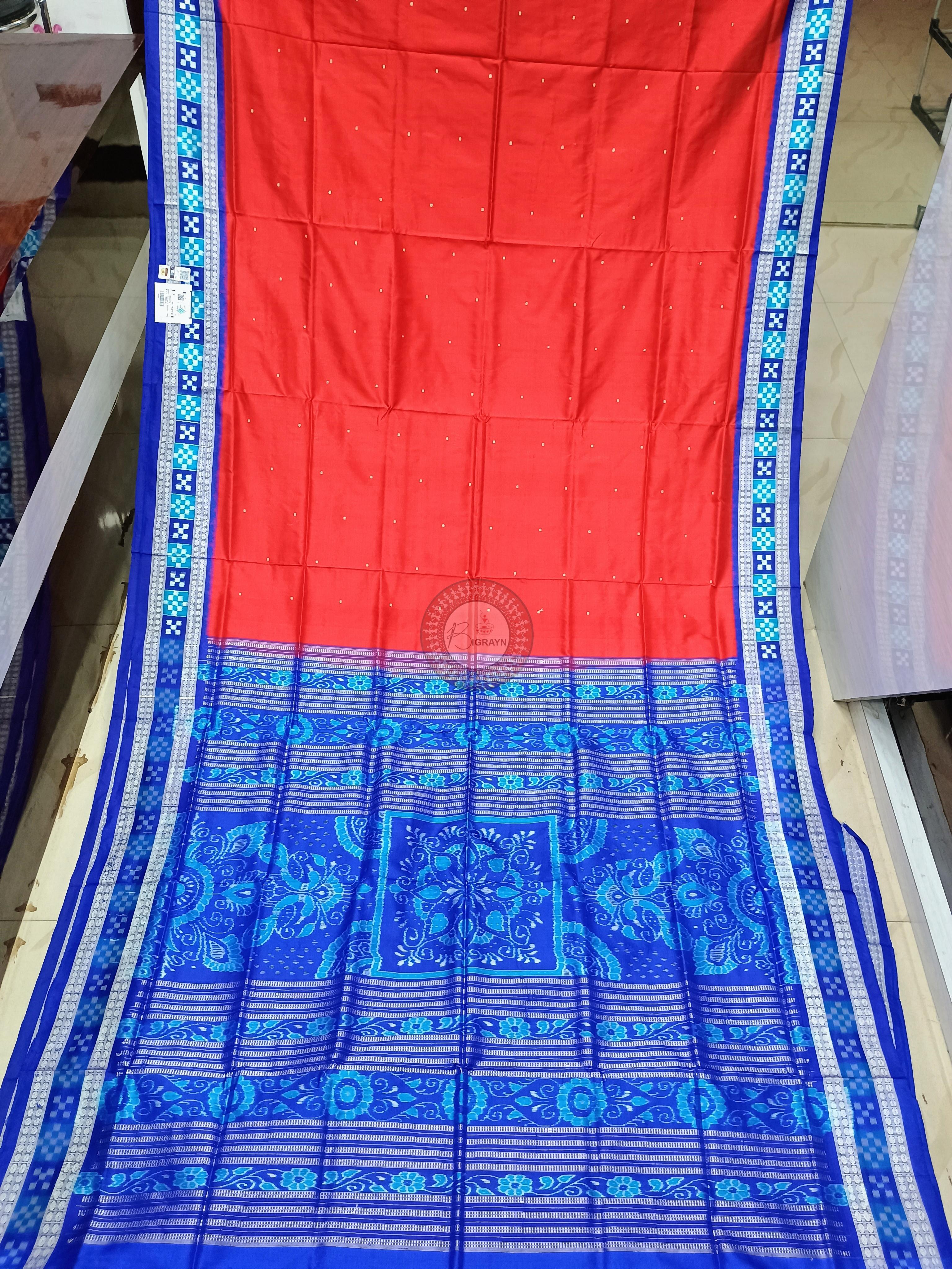 Red Blue Sakta Border Odisha Handloom Bomkai Silk Saree