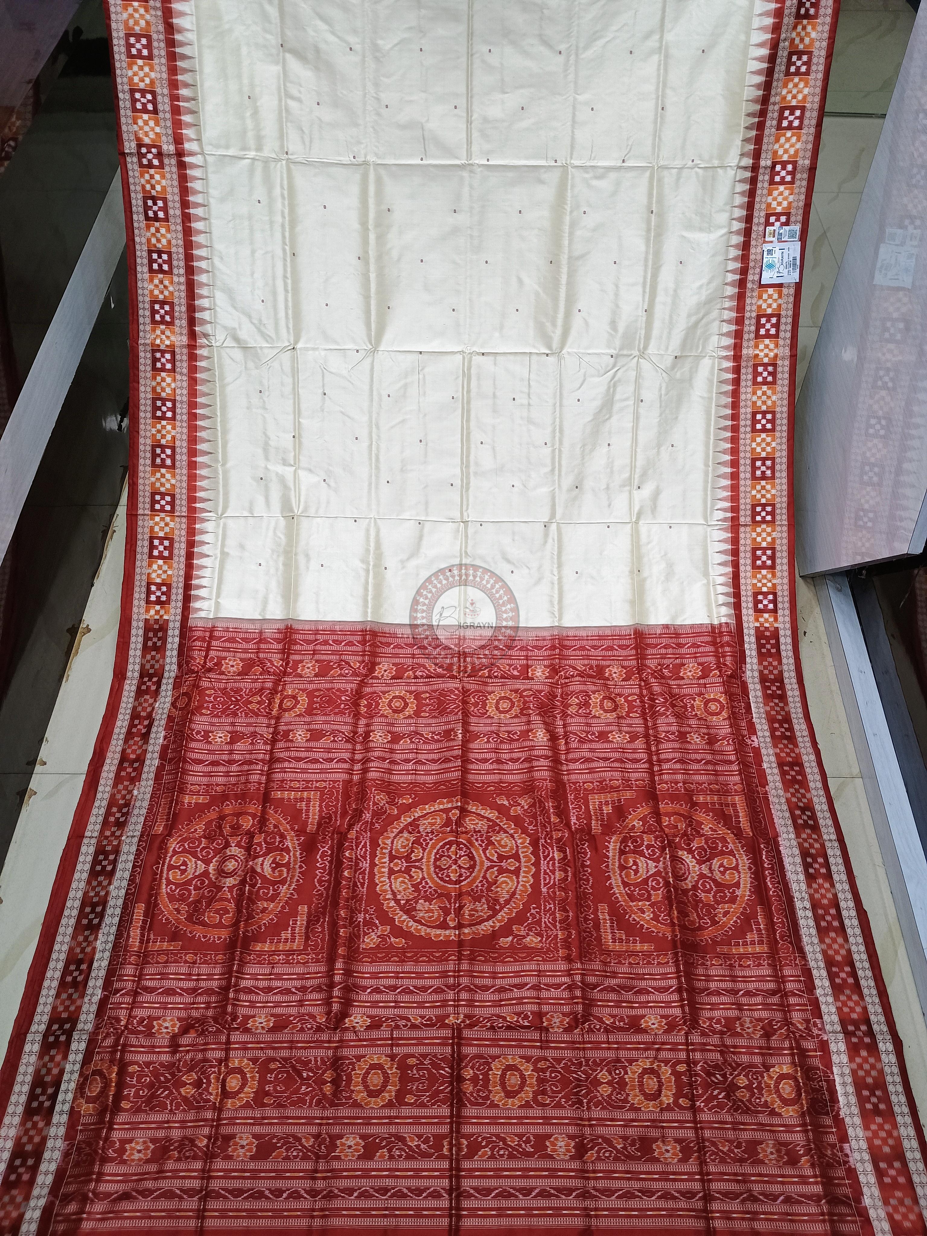 Off White Maroon Sakta Border Odisha Handloom Bomkai Silk Saree