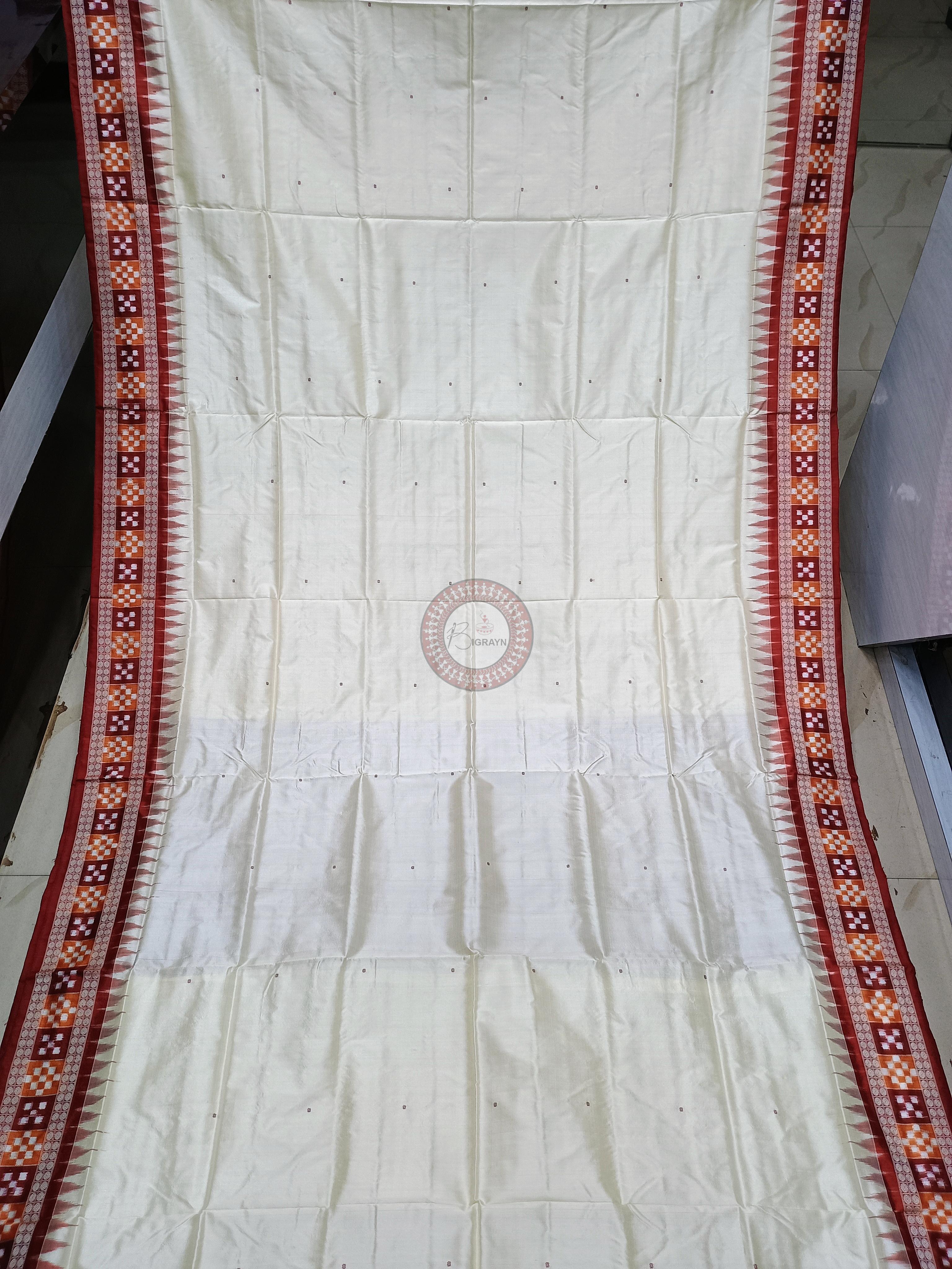 Off White Maroon Sakta Border Odisha Handloom Bomkai Silk Saree