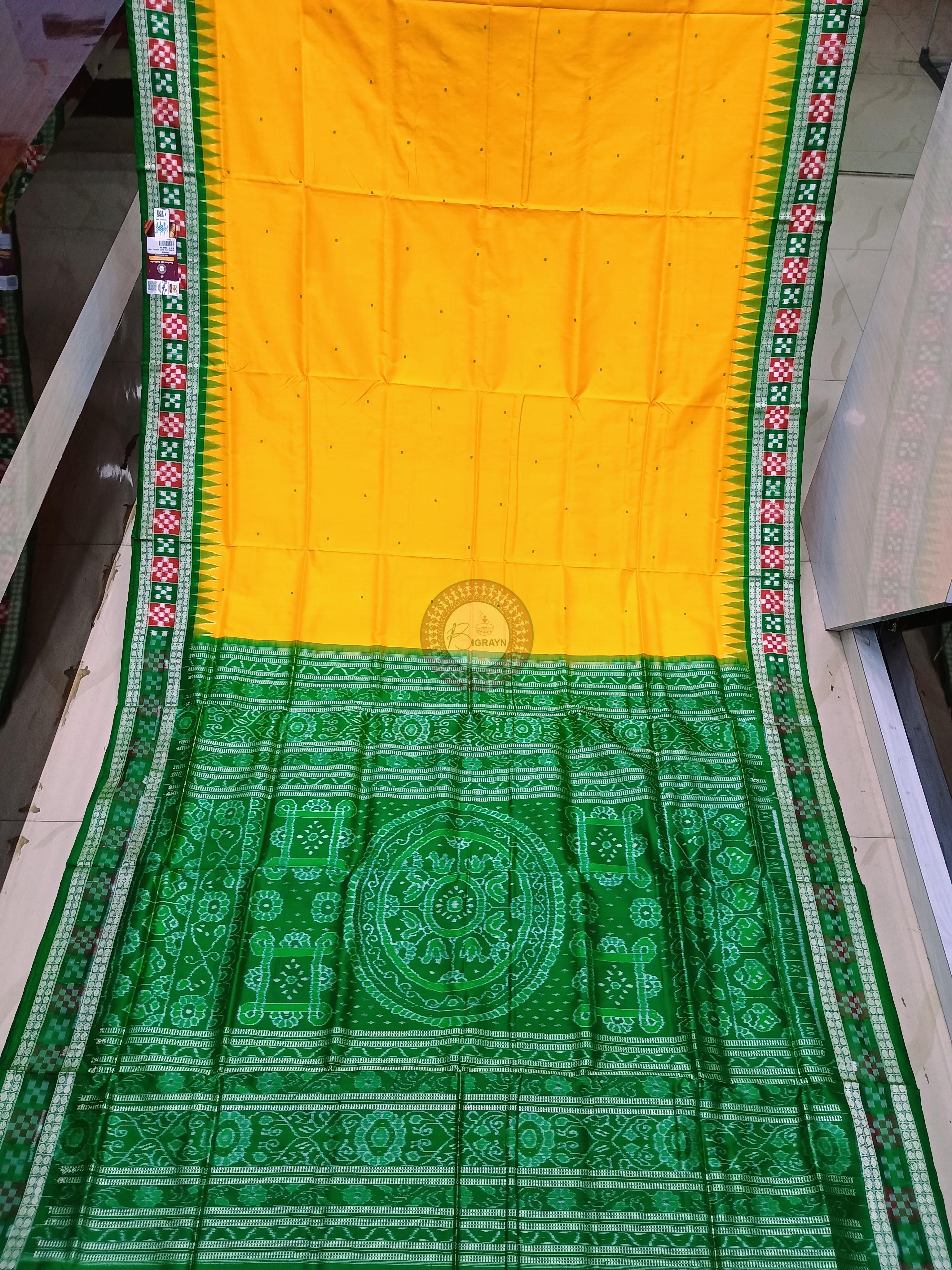 Yellow Green Sakta Border Odisha Handloom Bomkai Silk Saree