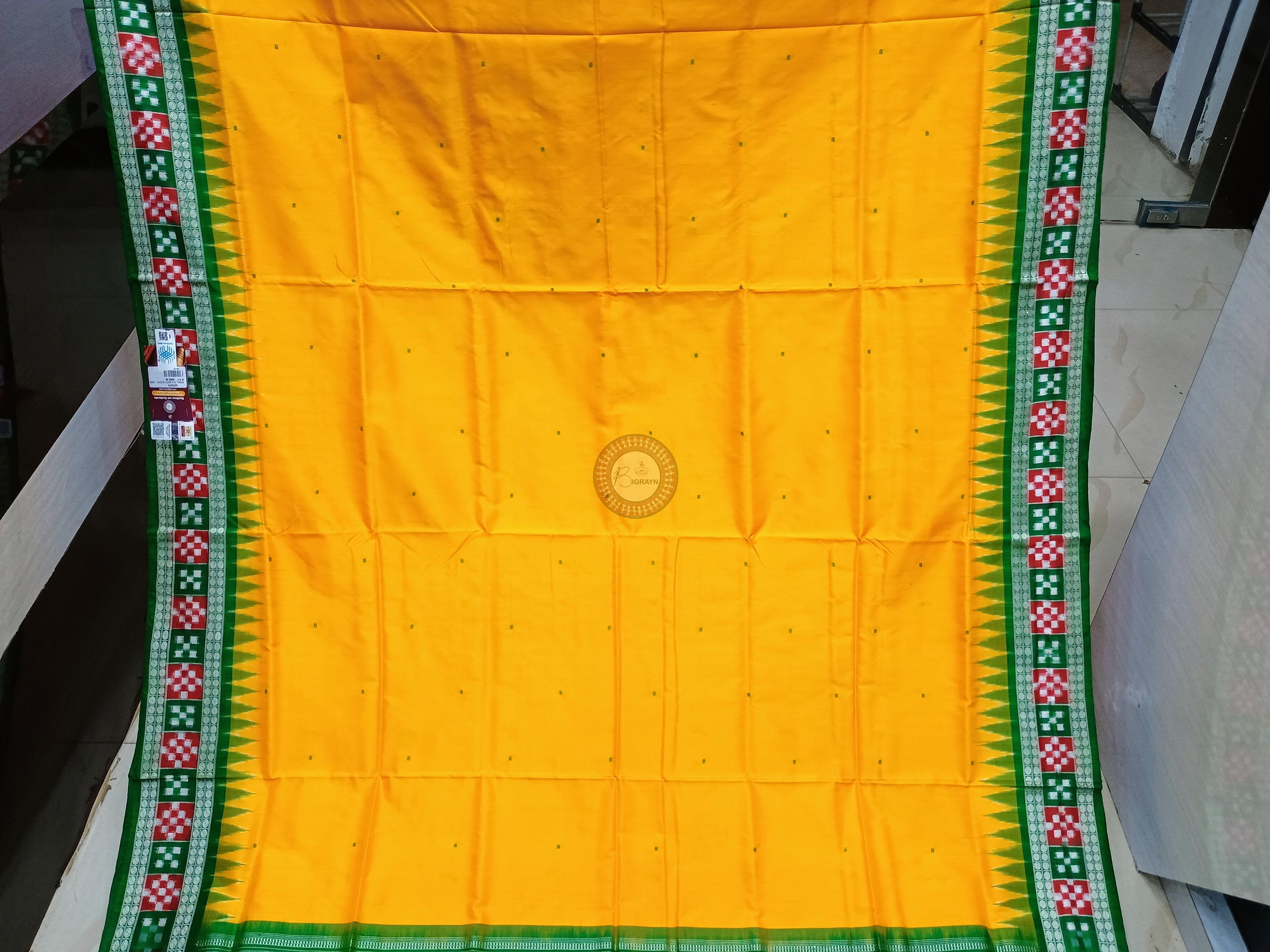 Yellow Green Sakta Border Odisha Handloom Bomkai Silk Saree