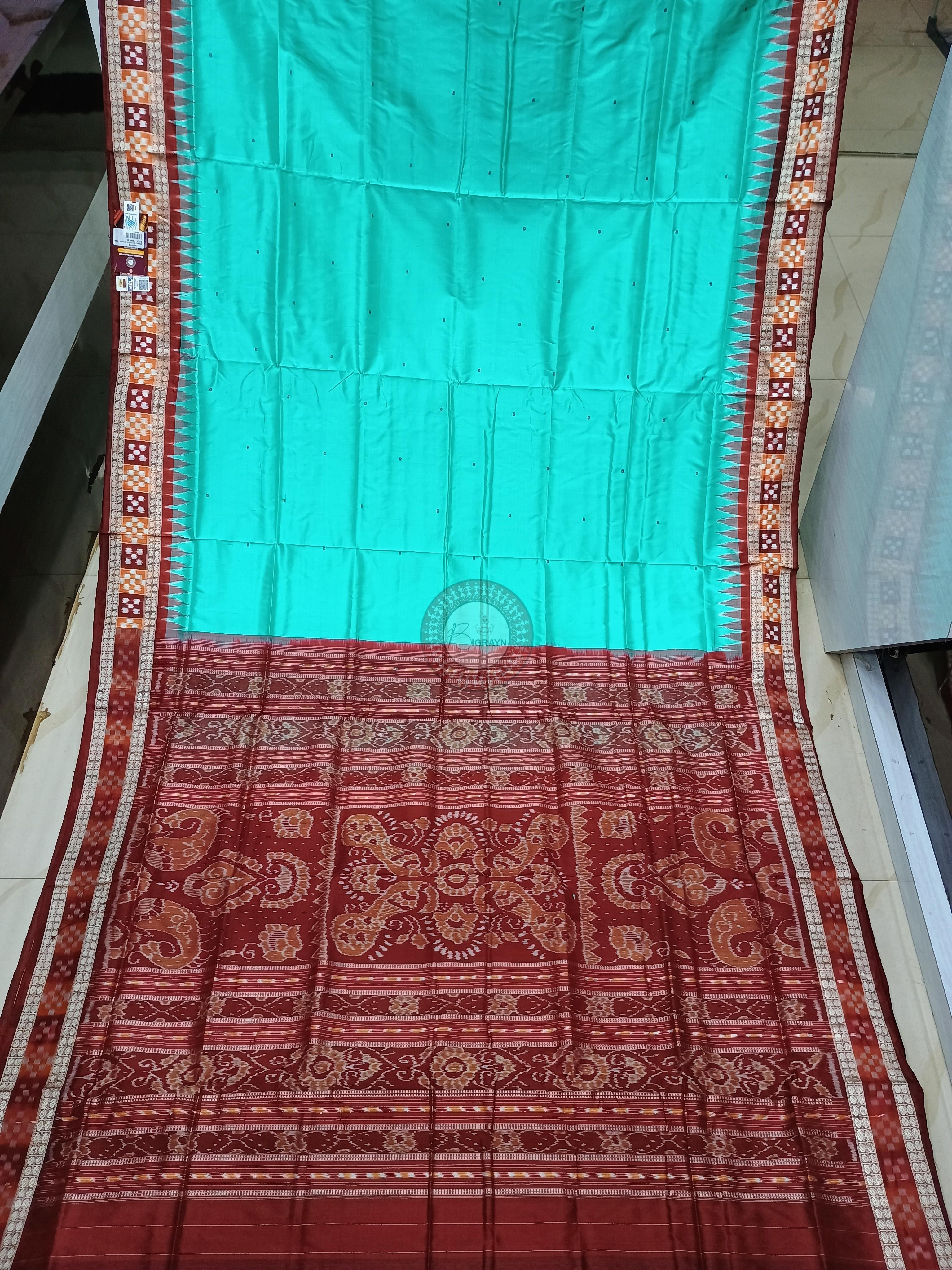 Aqua Blue Maroon Sakta Border Odisha Handloom Bomkai Silk Saree