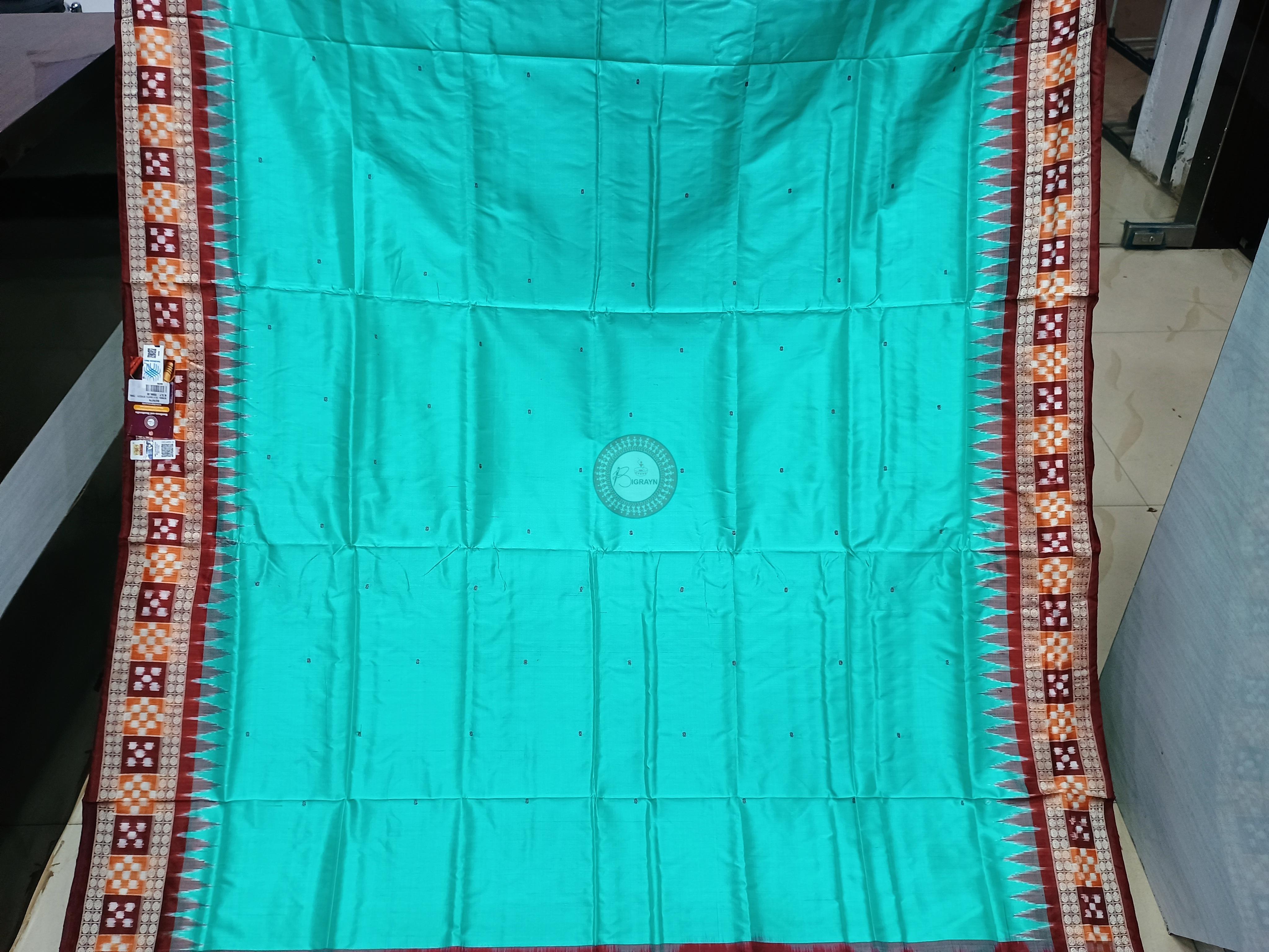 Aqua Blue Maroon Sakta Border Odisha Handloom Bomkai Silk Saree