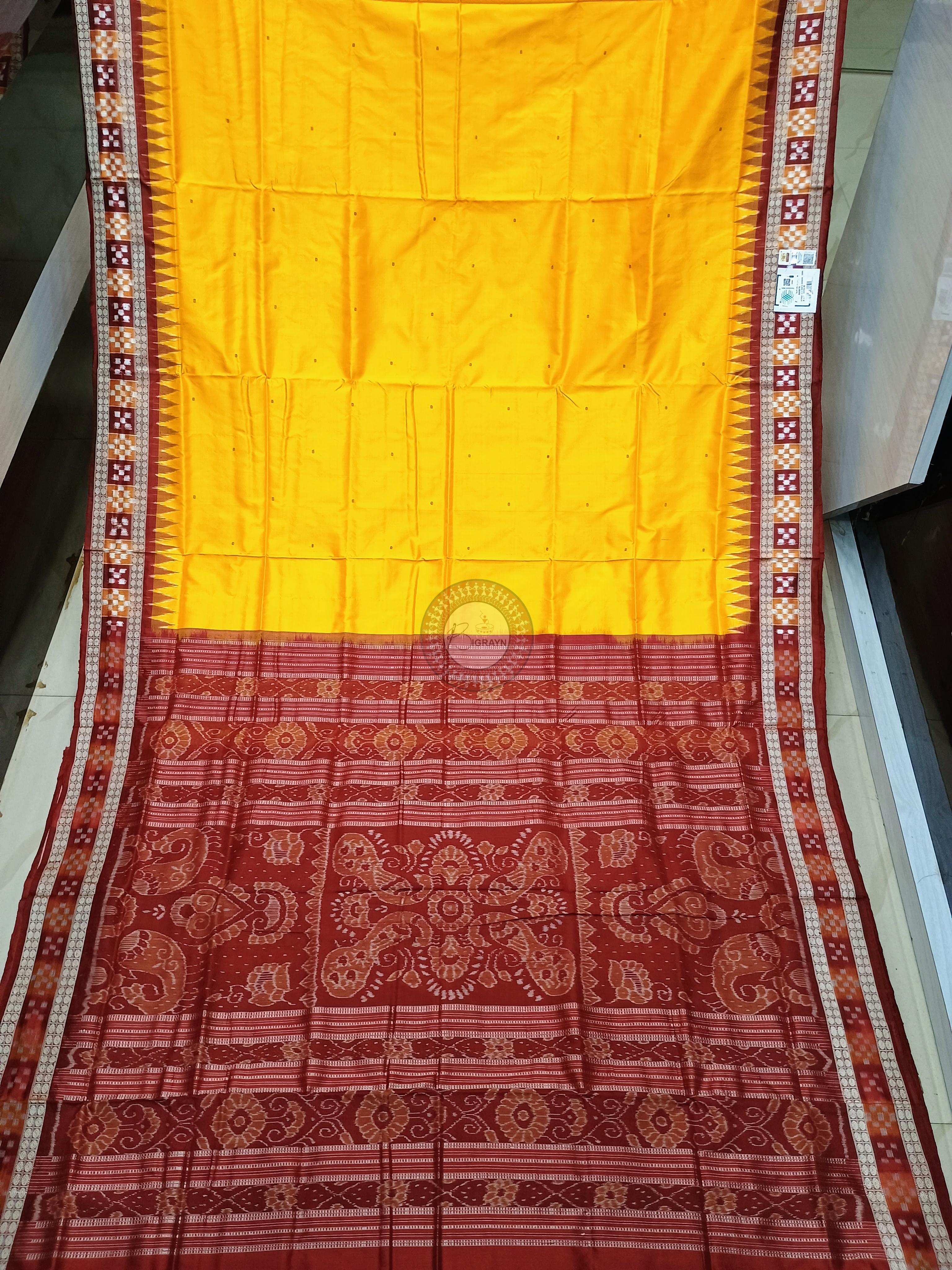 Yellow Maroon Sakta Border Odisha Handloom Bomkai Silk Saree