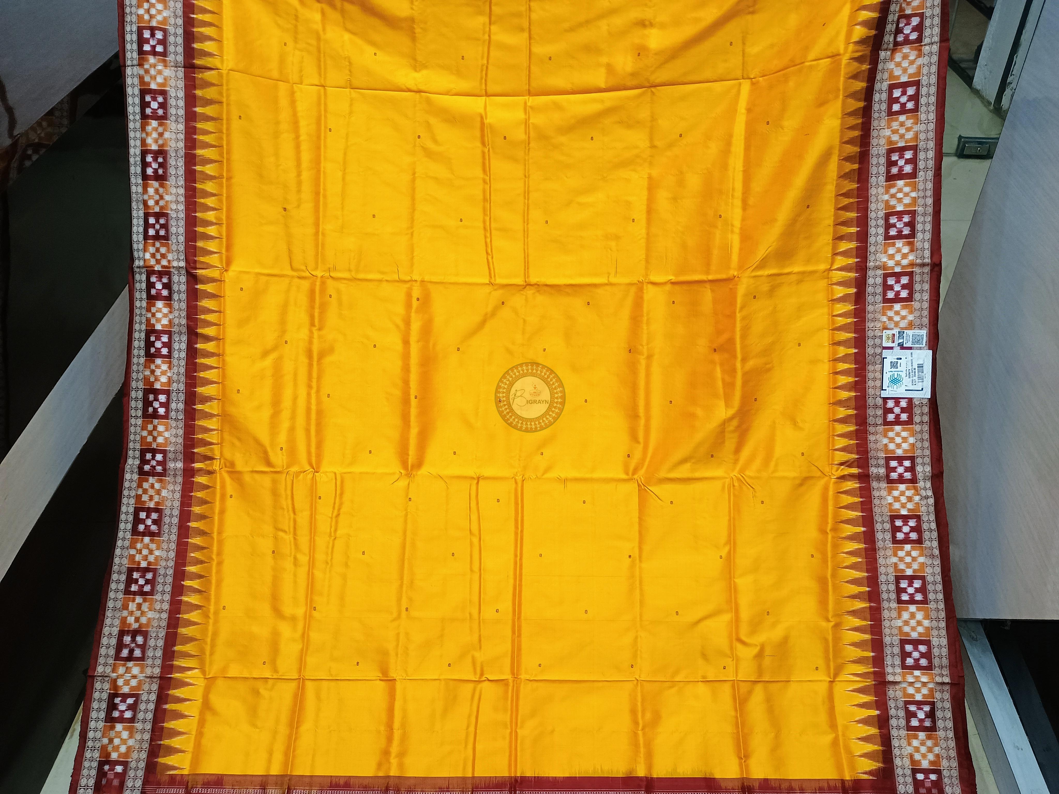 Yellow Maroon Sakta Border Odisha Handloom Bomkai Silk Saree
