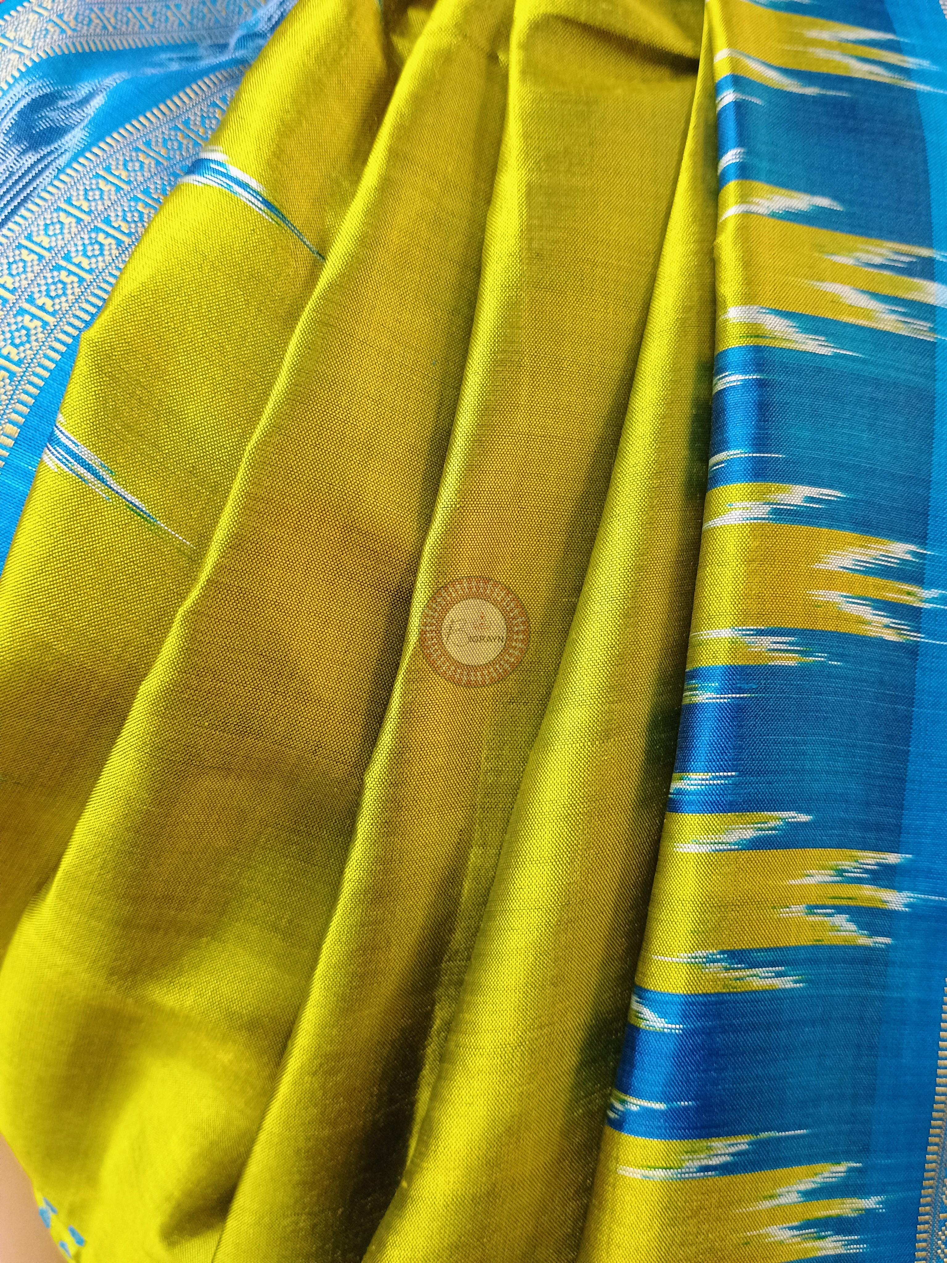 Neon Green Copper Sulphate Temples Khandua Silk Saree