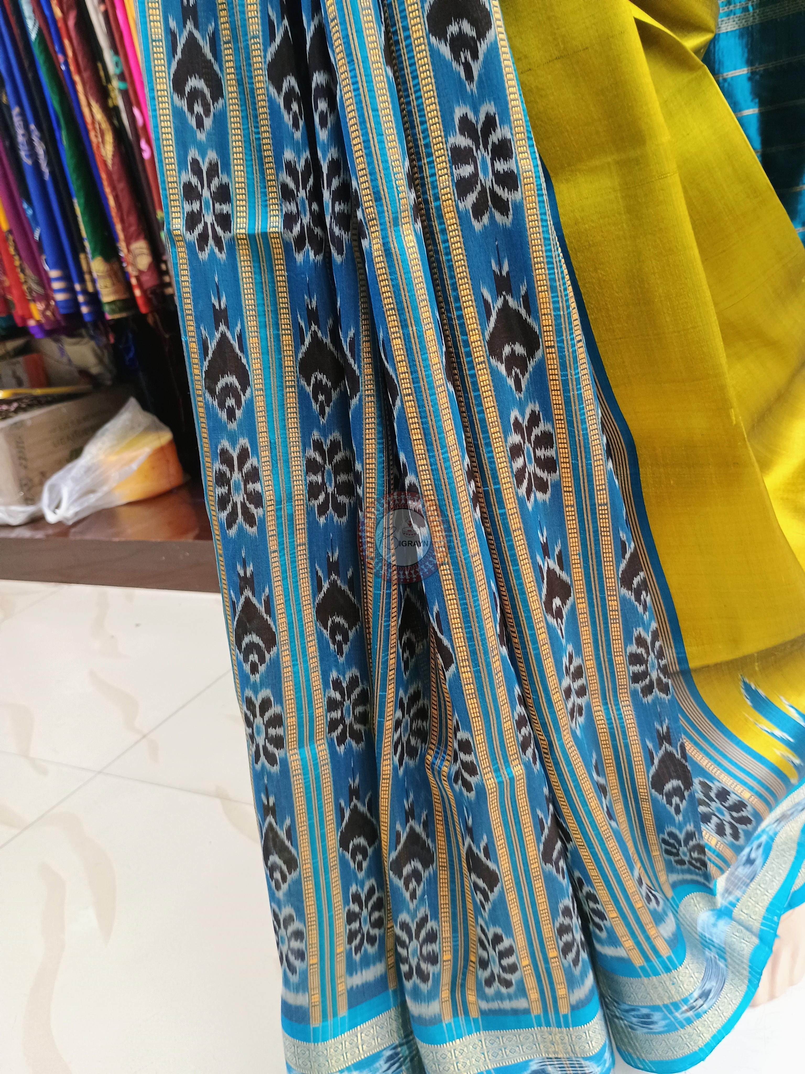 Neon Green Copper Sulphate Temples Khandua Silk Saree
