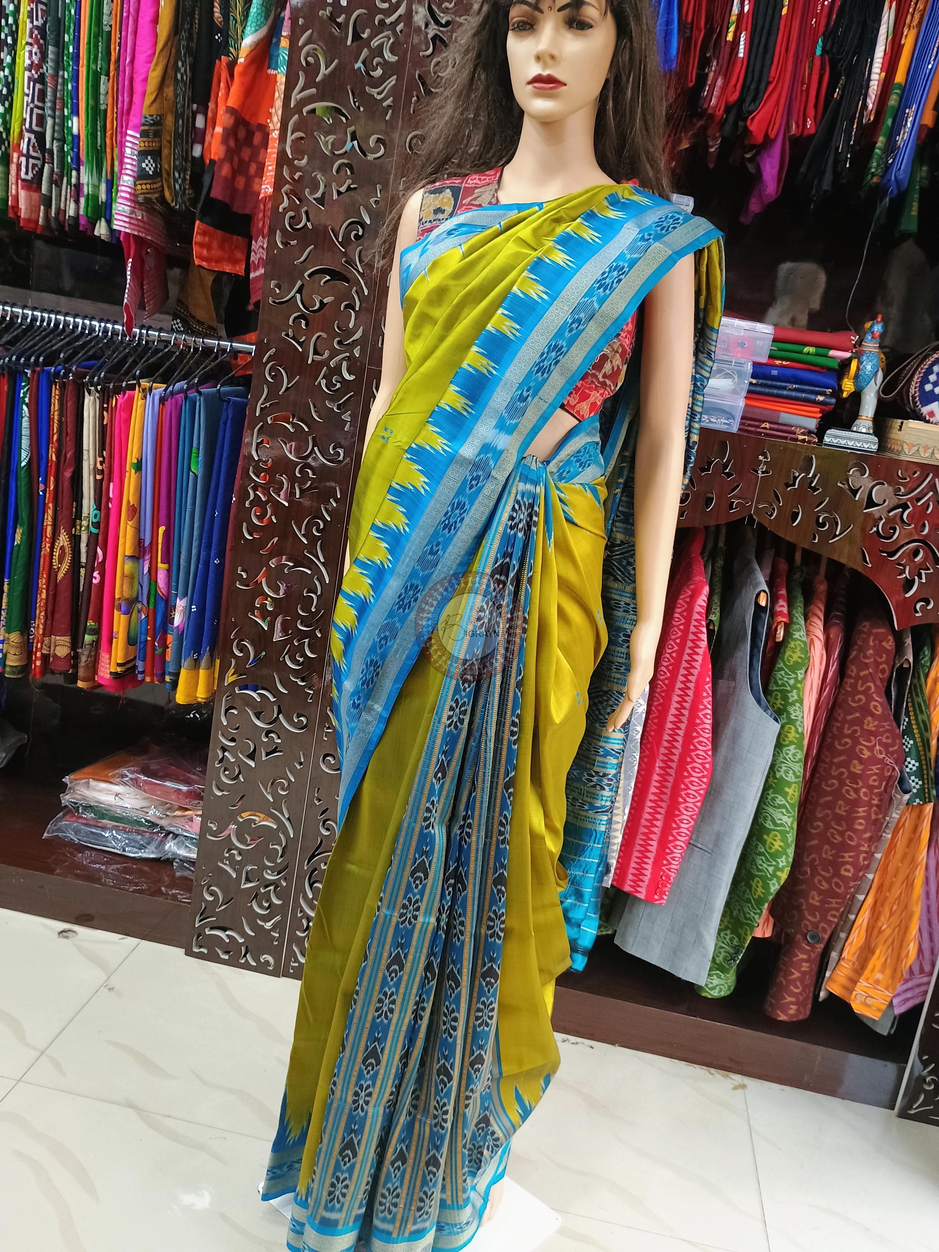Neon Green Copper Sulphate Temples Khandua Silk Saree