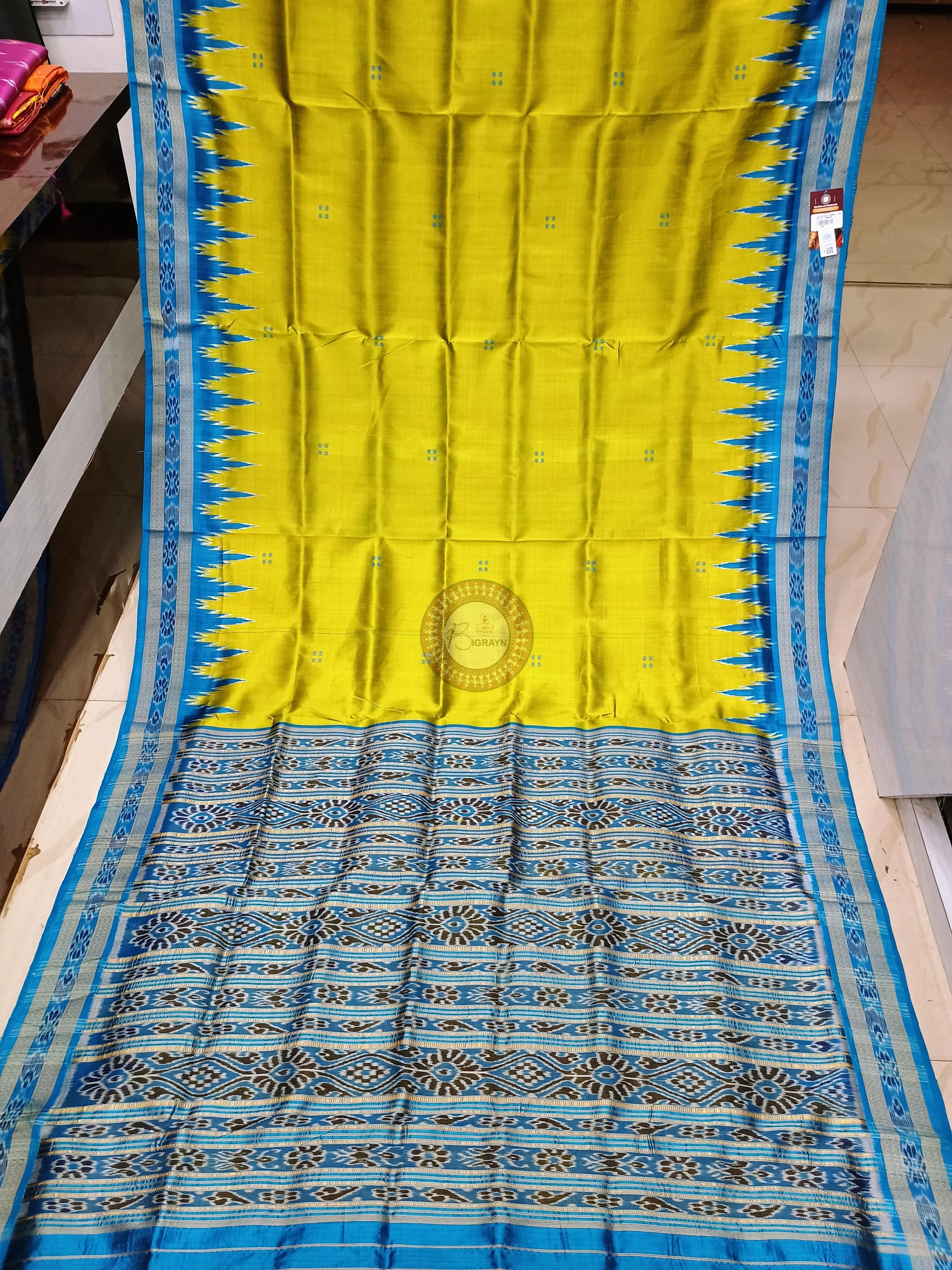 Neon Green Copper Sulphate Temples Khandua Silk Saree