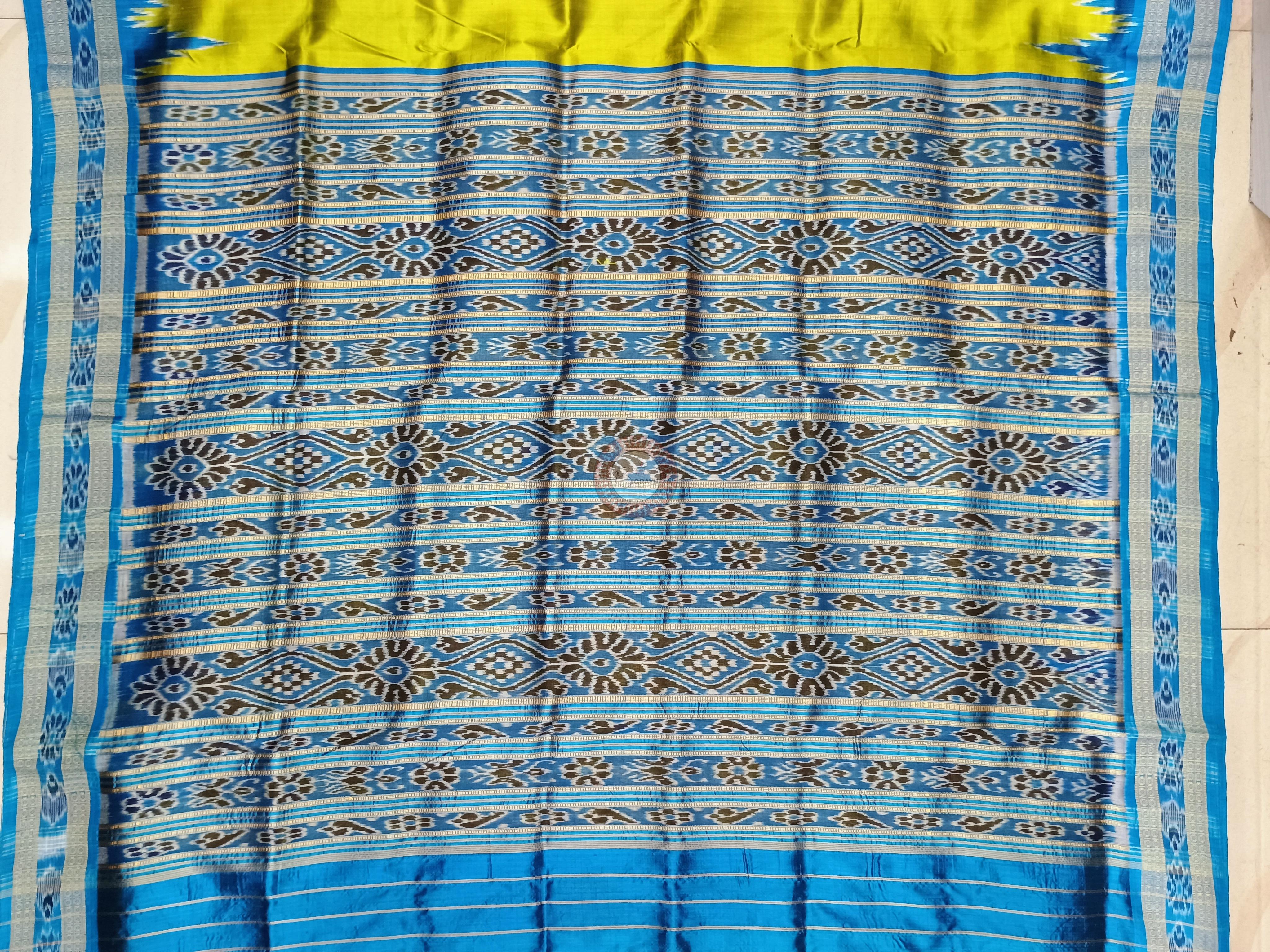 Neon Green Copper Sulphate Temples Khandua Silk Saree