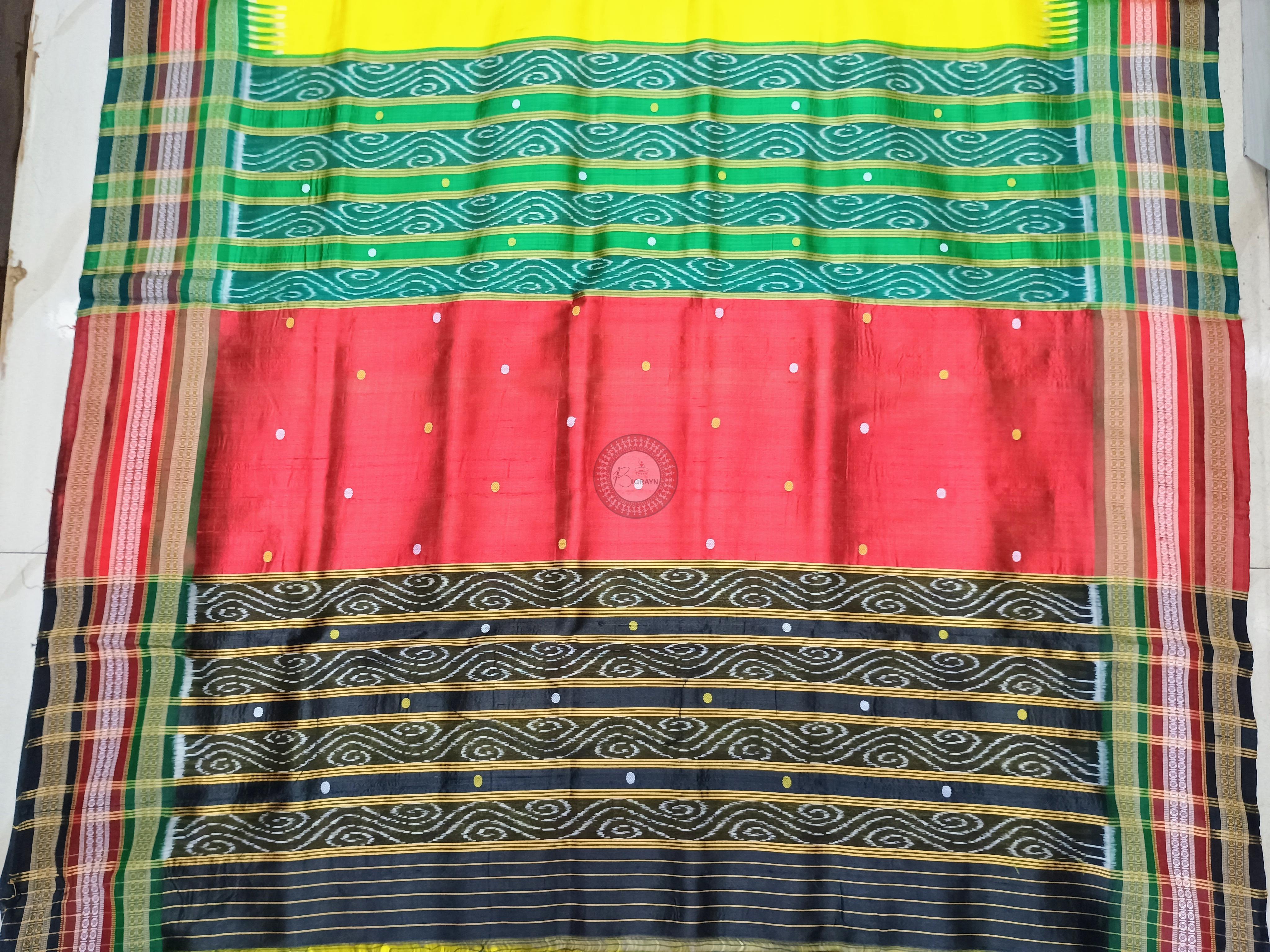Yellow Red Green Kathifera Odisha Handloom Khandua Silk Saree