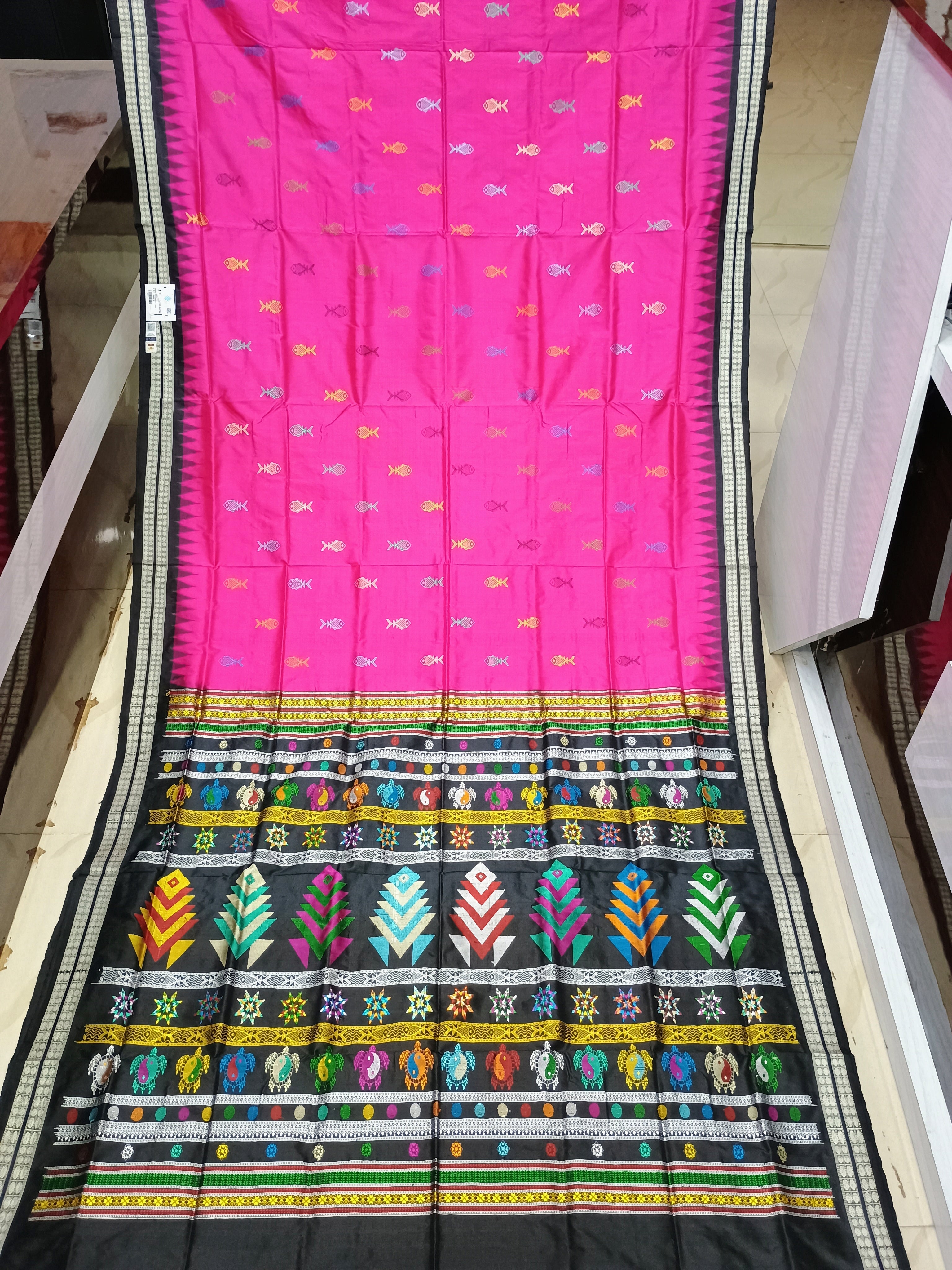 Magenta Black Fish Bomkai Silk Saree