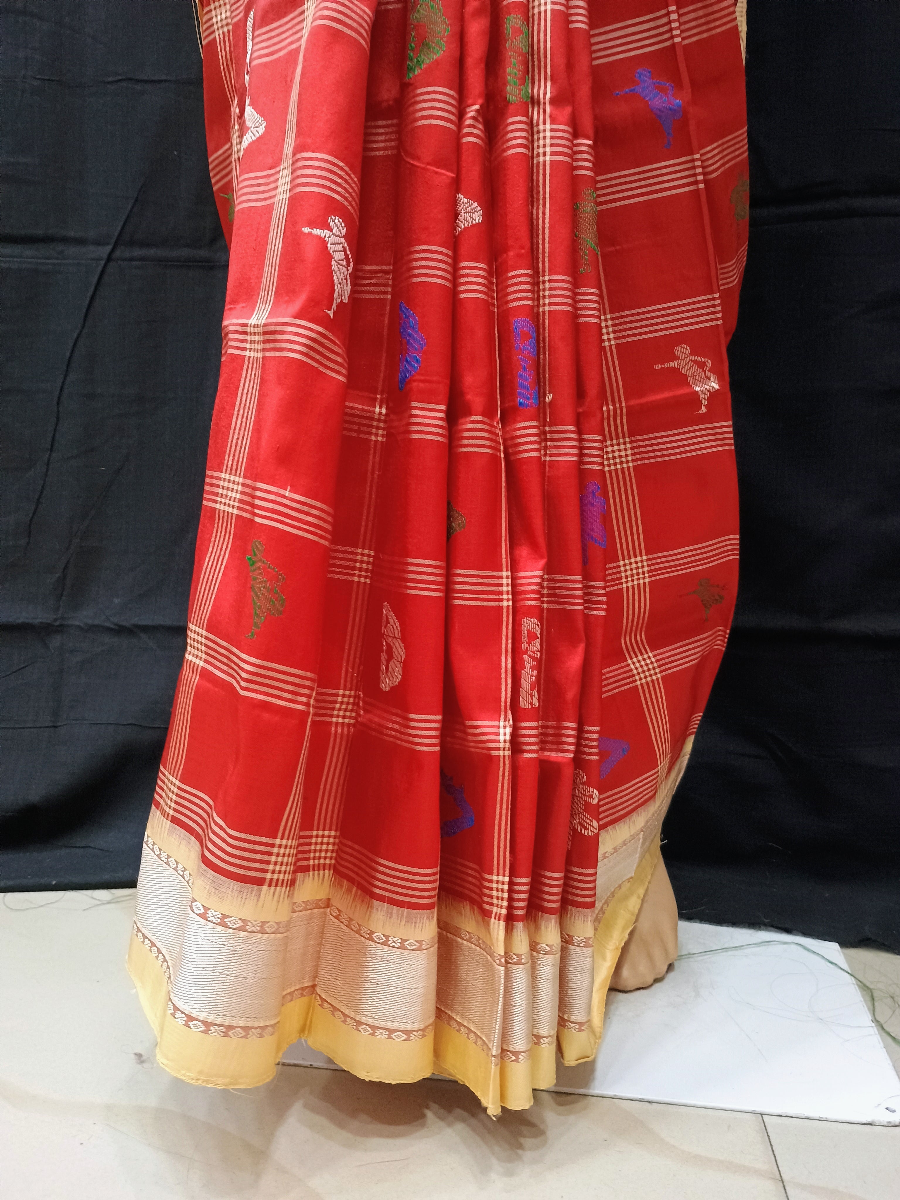Red Cream Yoga Theme Odisha Handloom Bomkai Silk Saree