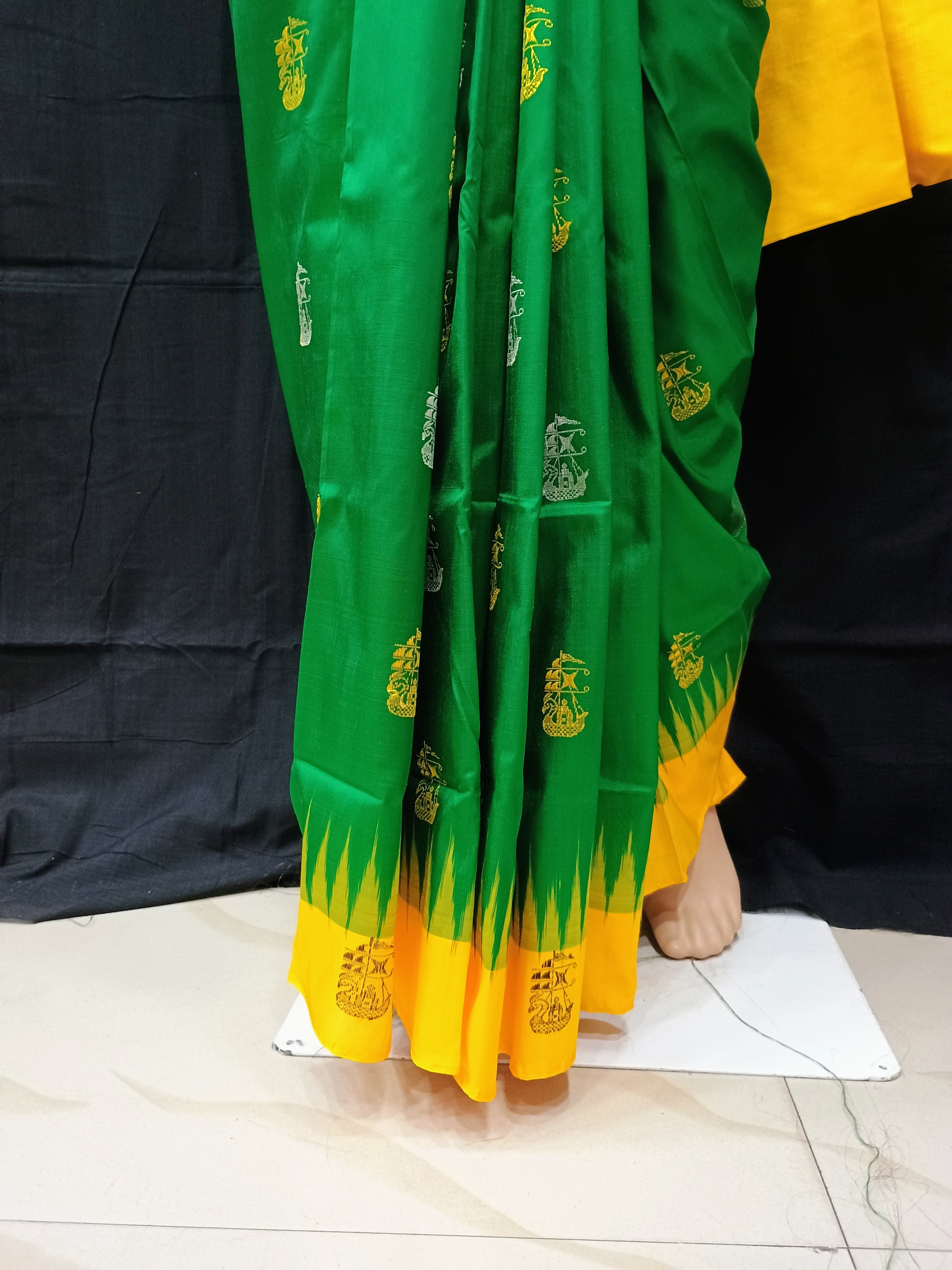 Green Yellow Boita Odisha Handloom Bomkai Silk Saree