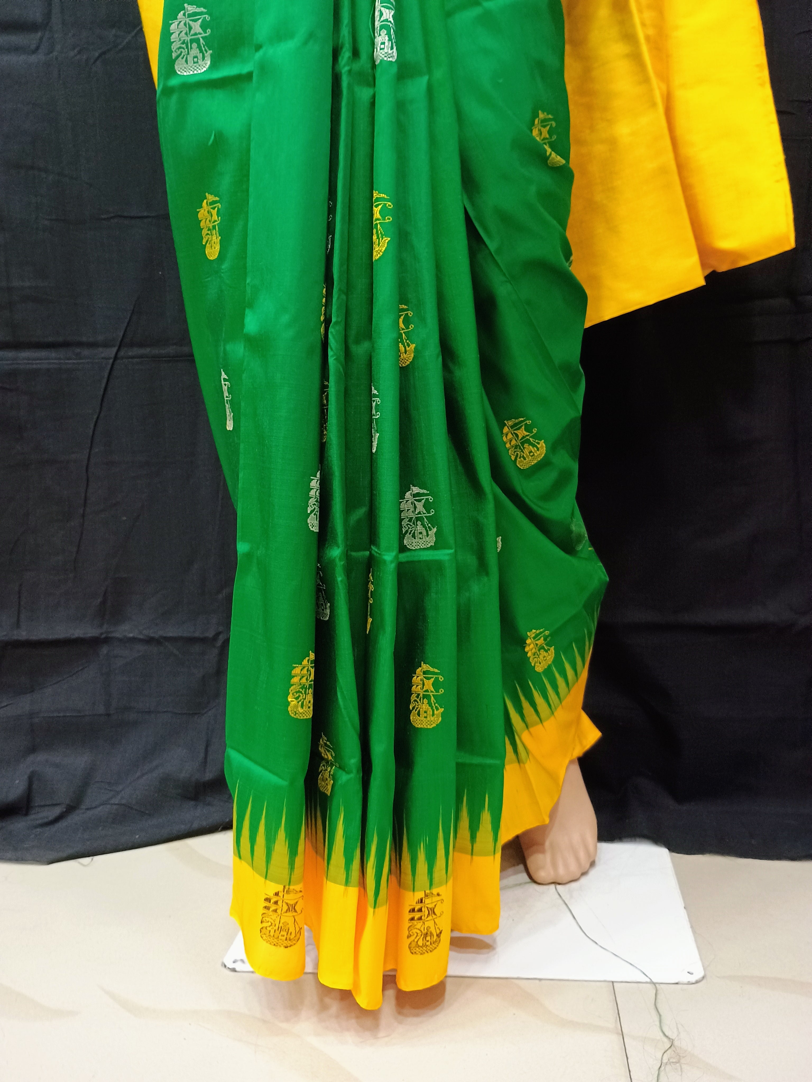 Green Yellow Boita Odisha Handloom Bomkai Silk Saree