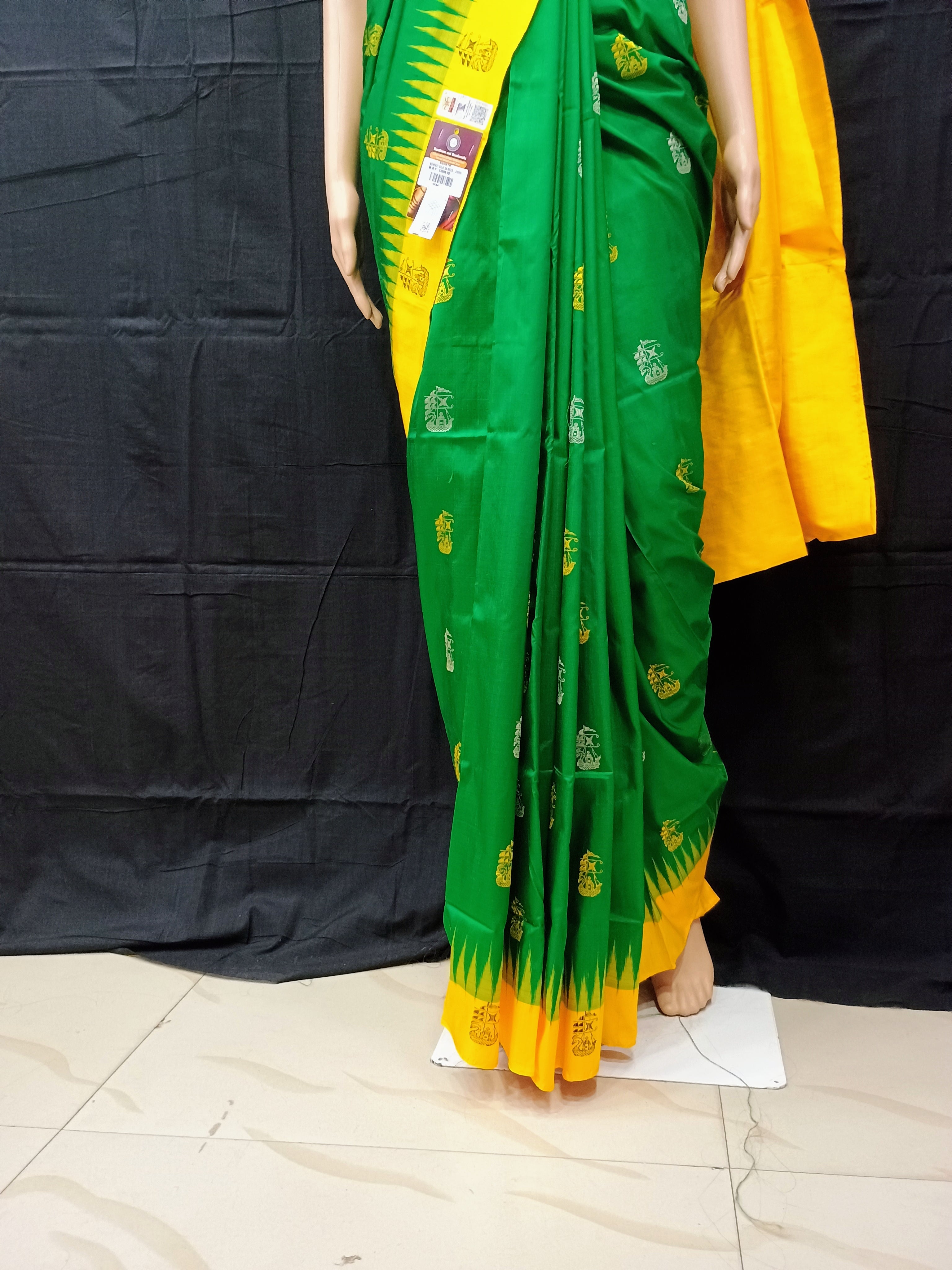 Green Yellow Boita Odisha Handloom Bomkai Silk Saree