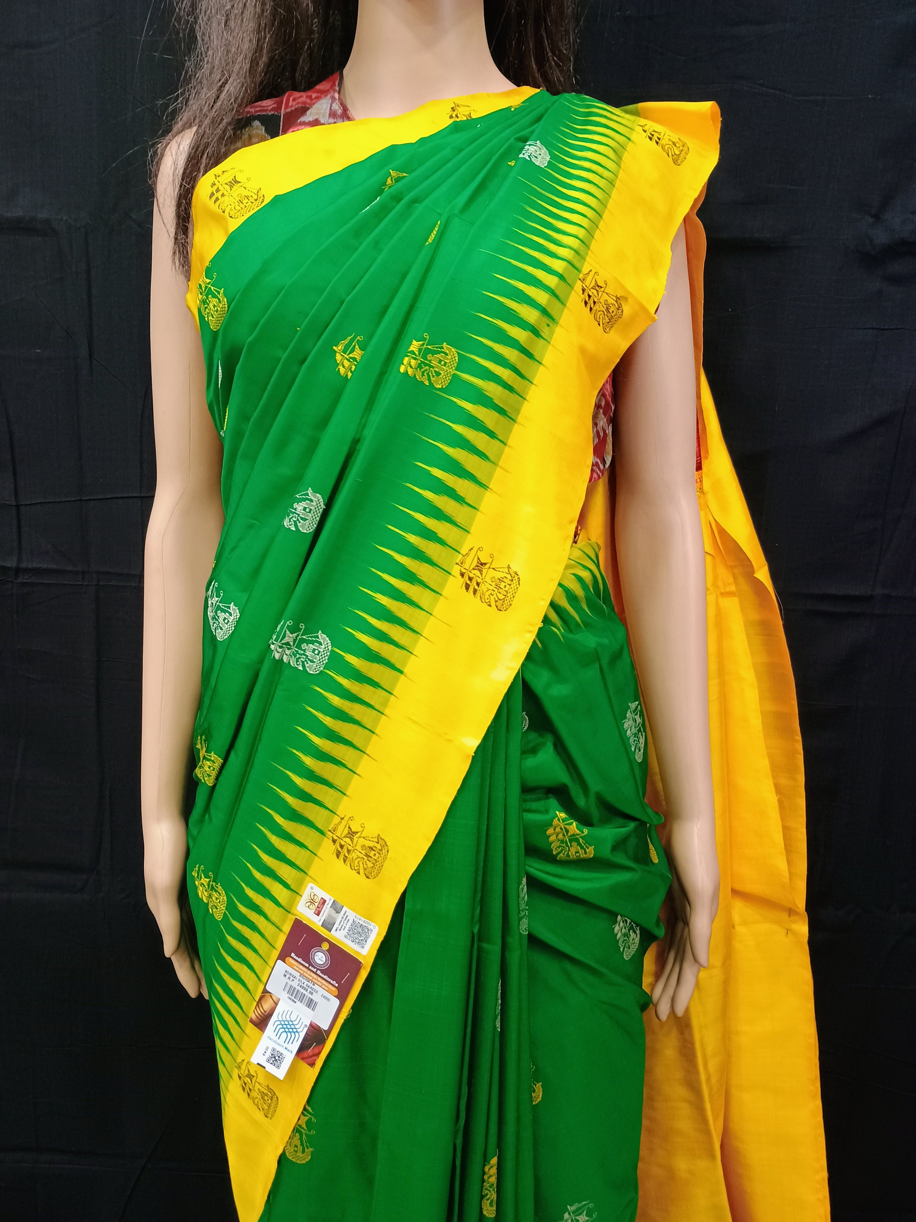 Green Yellow Boita Odisha Handloom Bomkai Silk Saree