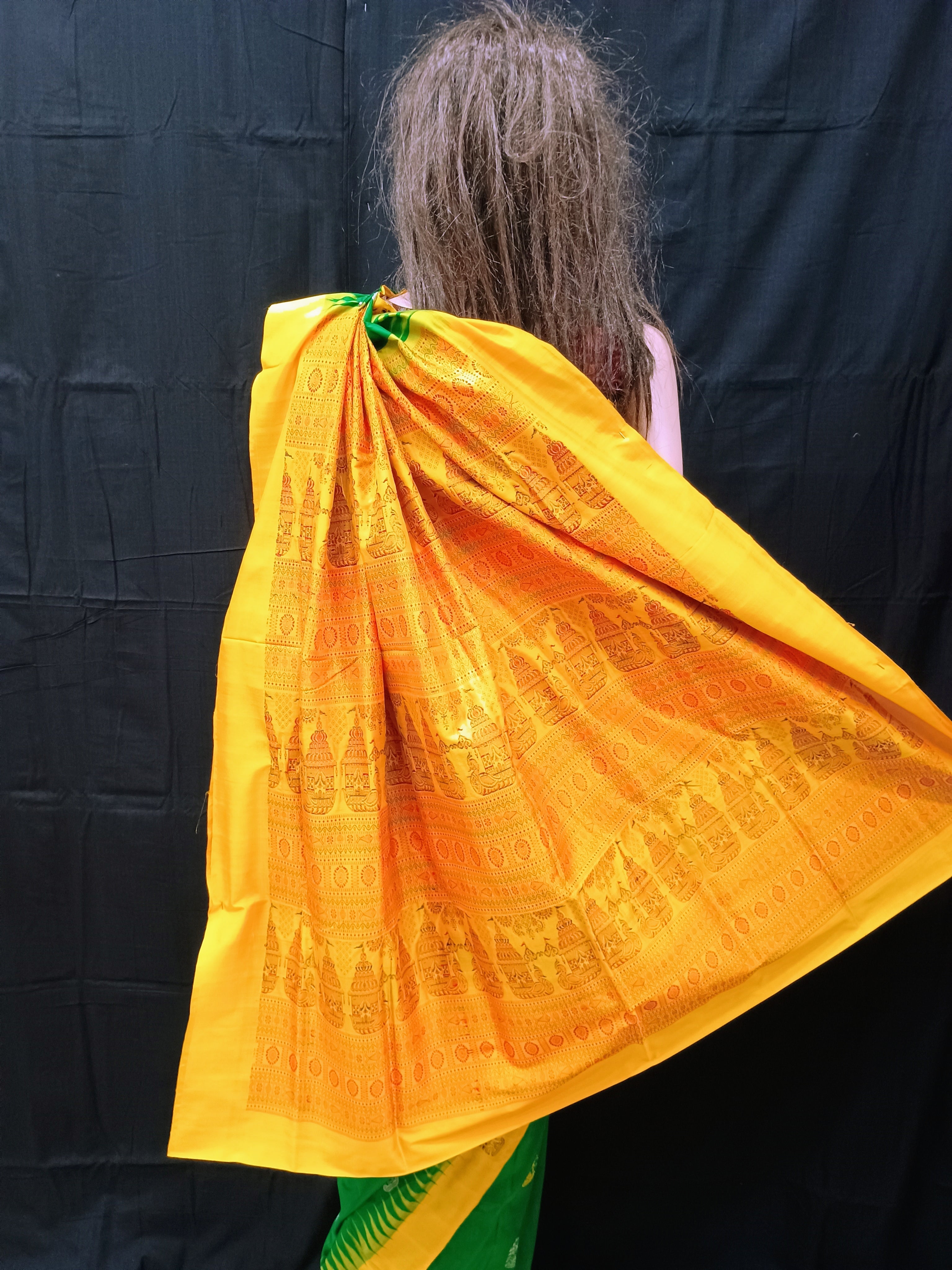 Green Yellow Boita Odisha Handloom Bomkai Silk Saree