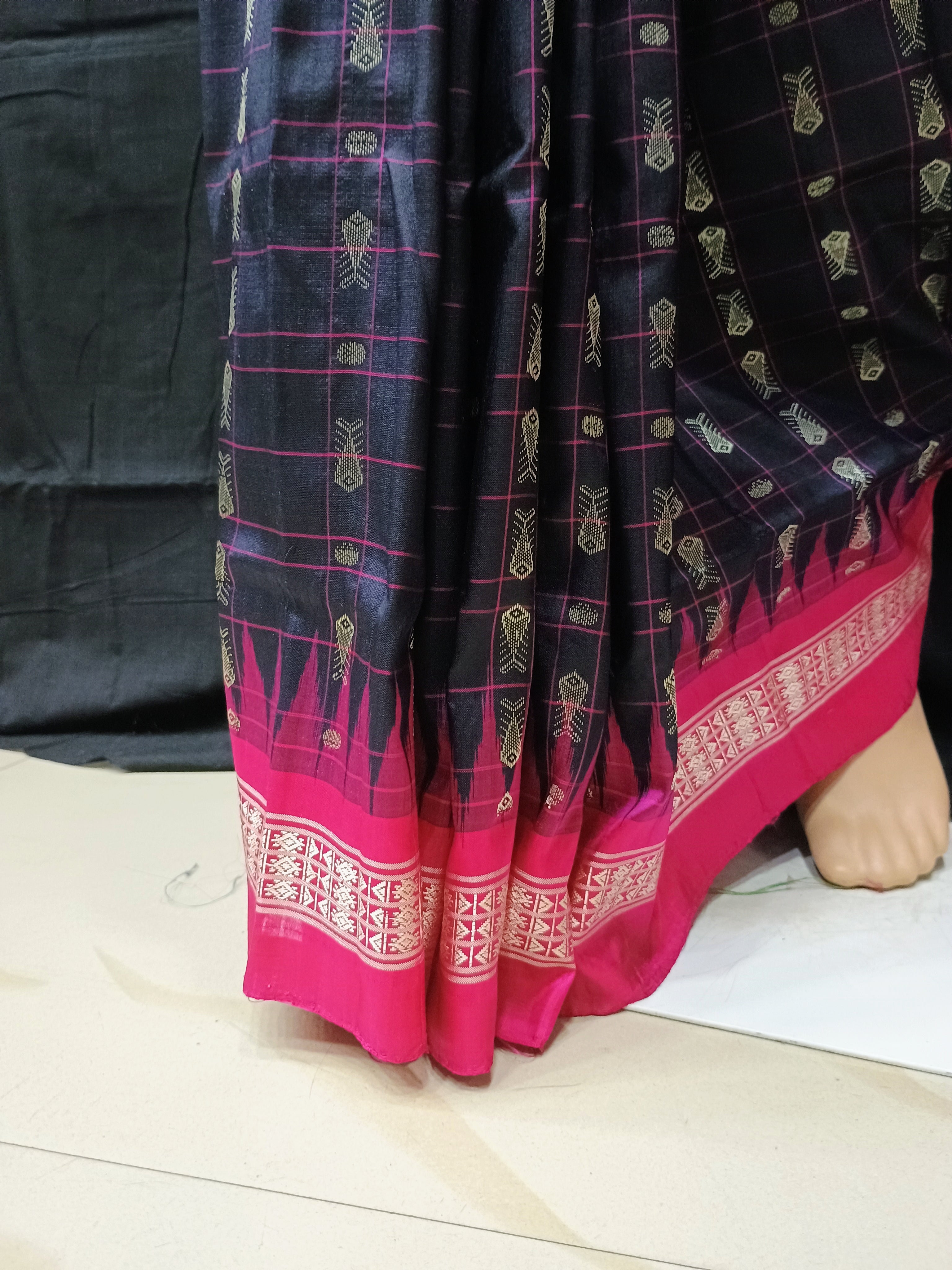 Black Magenta Patly Hazar Buti Bomkai Silk Saree