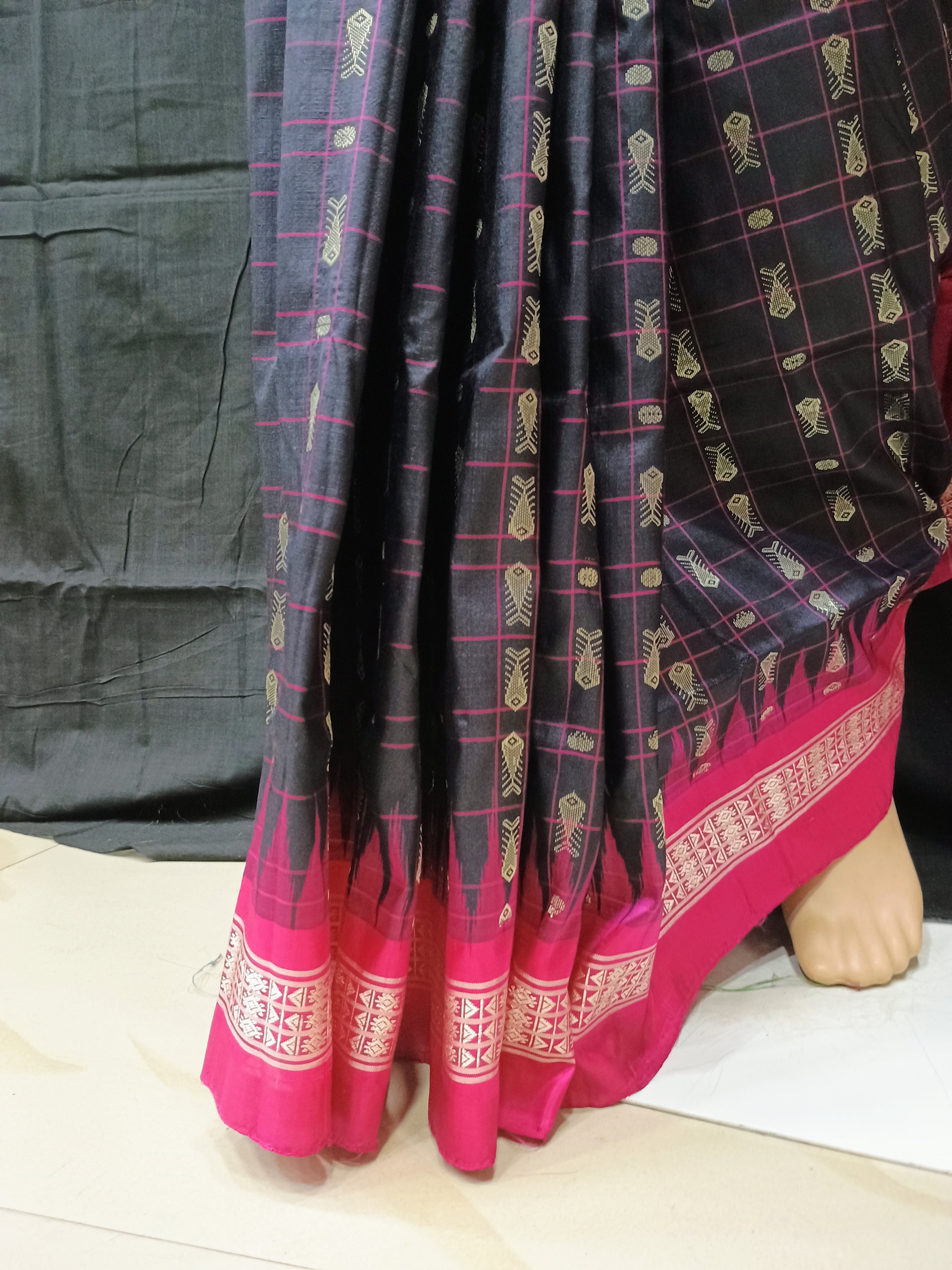 Black Magenta Patly Hazar Buti Bomkai Silk Saree